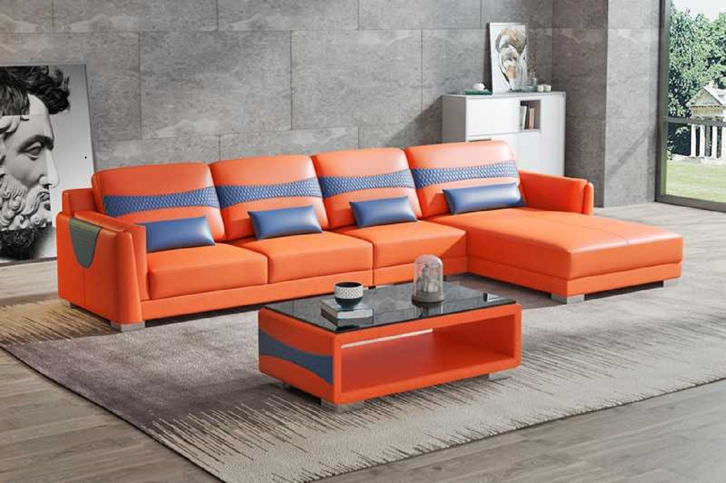 JVmoebel Ecksofa Luxus Eckgarnitur Ecksofa L Form Liege Couch Sofa Wohnzimmer Neu, 3 Teile, Made in Europe Orange/Blau