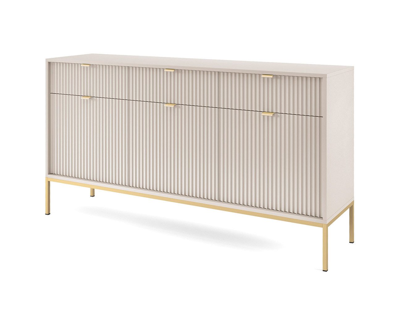 Feldmann-Wohnen Sideboard Nova (3 Türen, 3 Schubladen, 3 Einlegeböden, 1 St., Riffel-Optik Front, goldfarbene Metallgriffe, ABS-Kanten), 154x39x83cm, Fronten mit ausdrucksstarkem geriffelten Muster