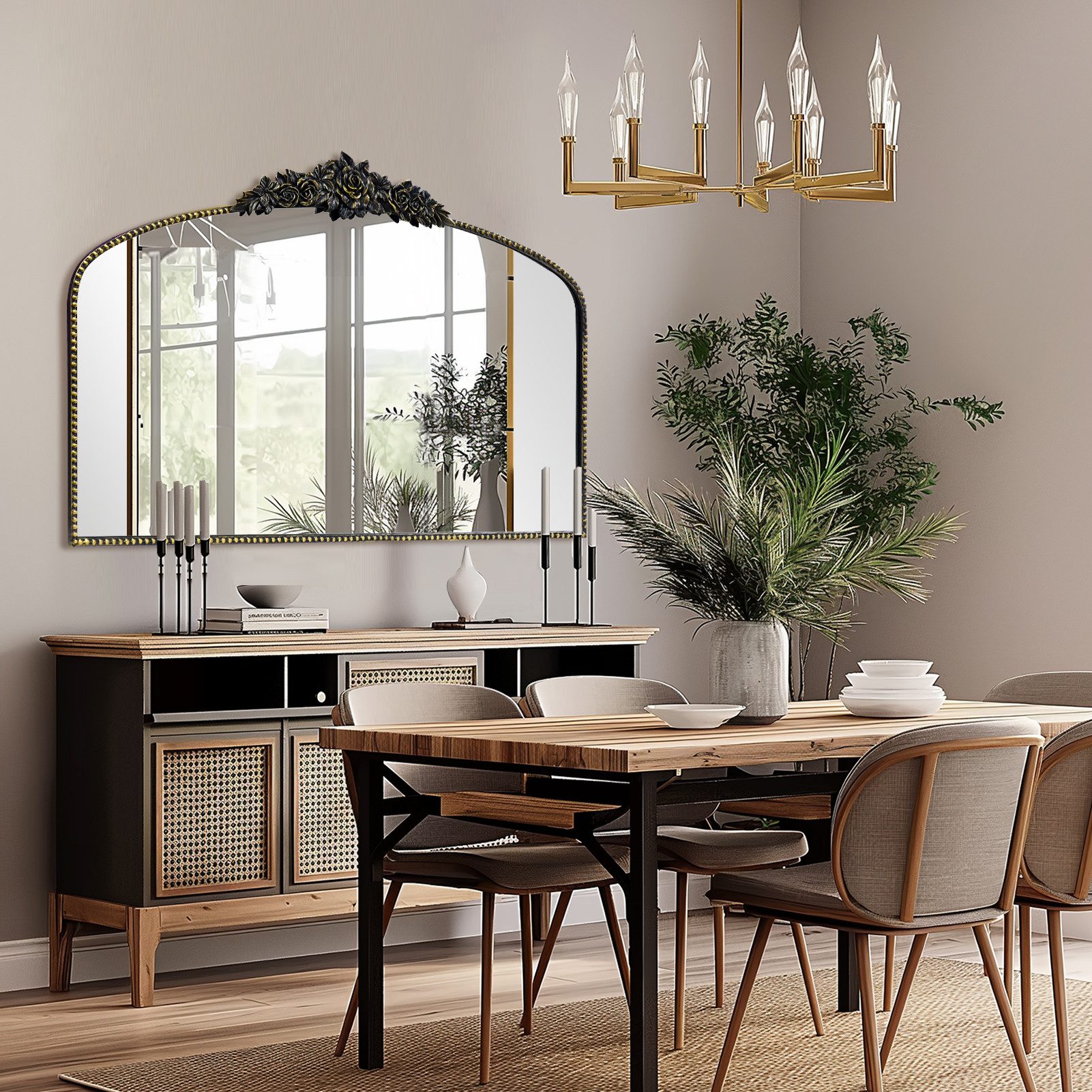 G-LEAF Wandspiegel Bogen-Wandspiegel im Barockstil, Metallrahmen mit Perlenverzierung (1-St), für Eingangsbereich, Badezimmer oder Schlafzimmer, Vintage-Schwarz