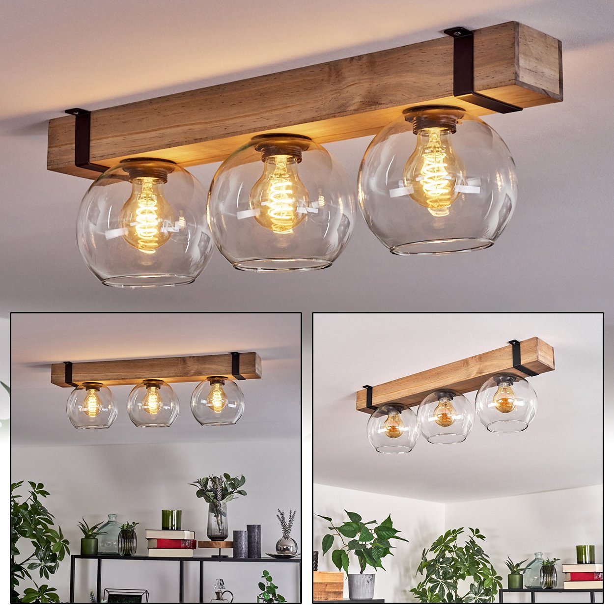 hofstein Deckenleuchte Deckenlampe aus Metall/Holz/Glas in Schwarz/Natur/Klar, ohne Leuchtmittel, im Holzbalken 60cm u. Glaskugeln Ø15cm, 3x E27, ohne Leuchtmittel