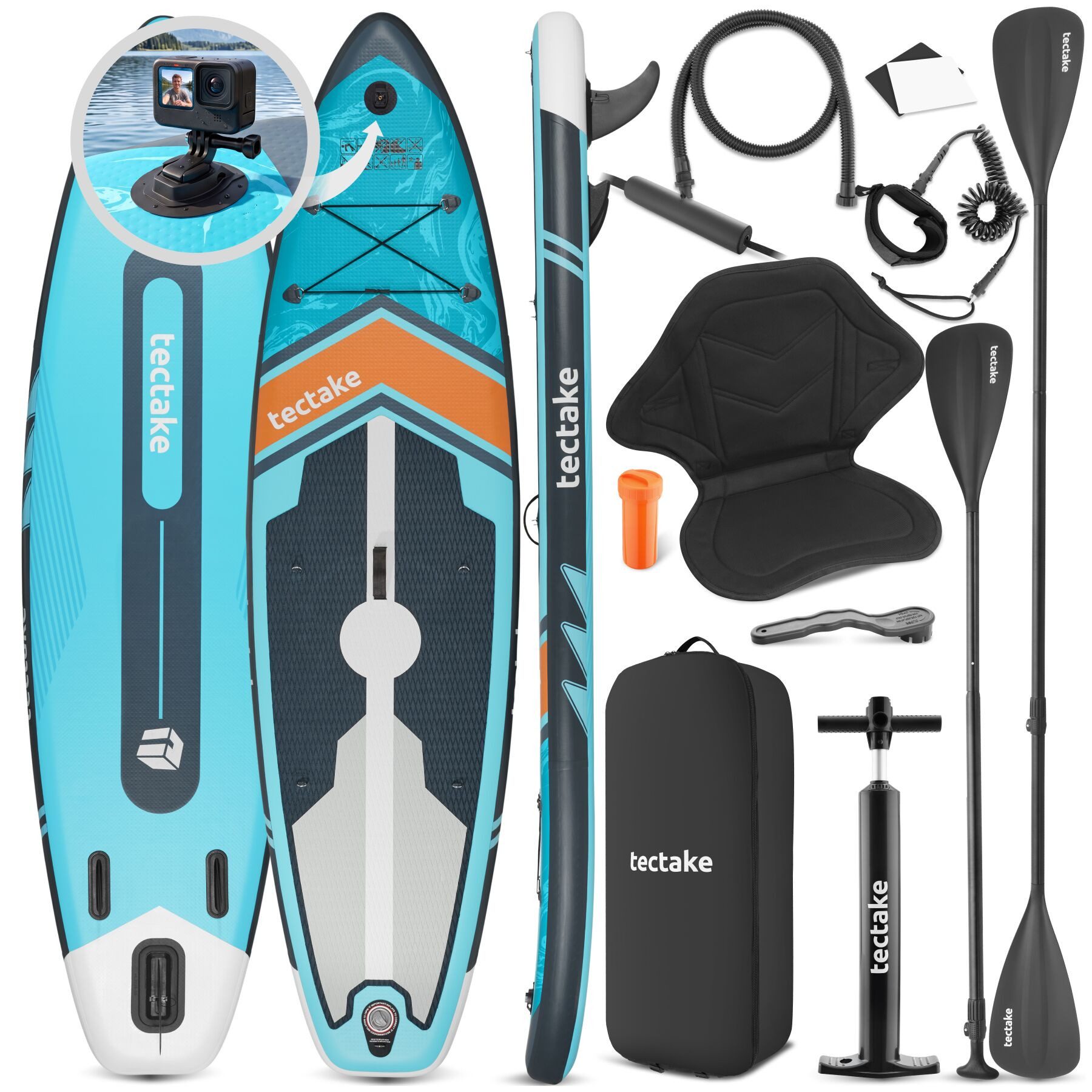tectake SUP-Board Paddle Board aufblasbar, mit Kamerahalterung, Kajak-Sitz, rutschfest, Stand-up Paddle, (Sup Board Palagios, in Türkis/orange), Belastbar bis 200 kg, inkl. Zubehör