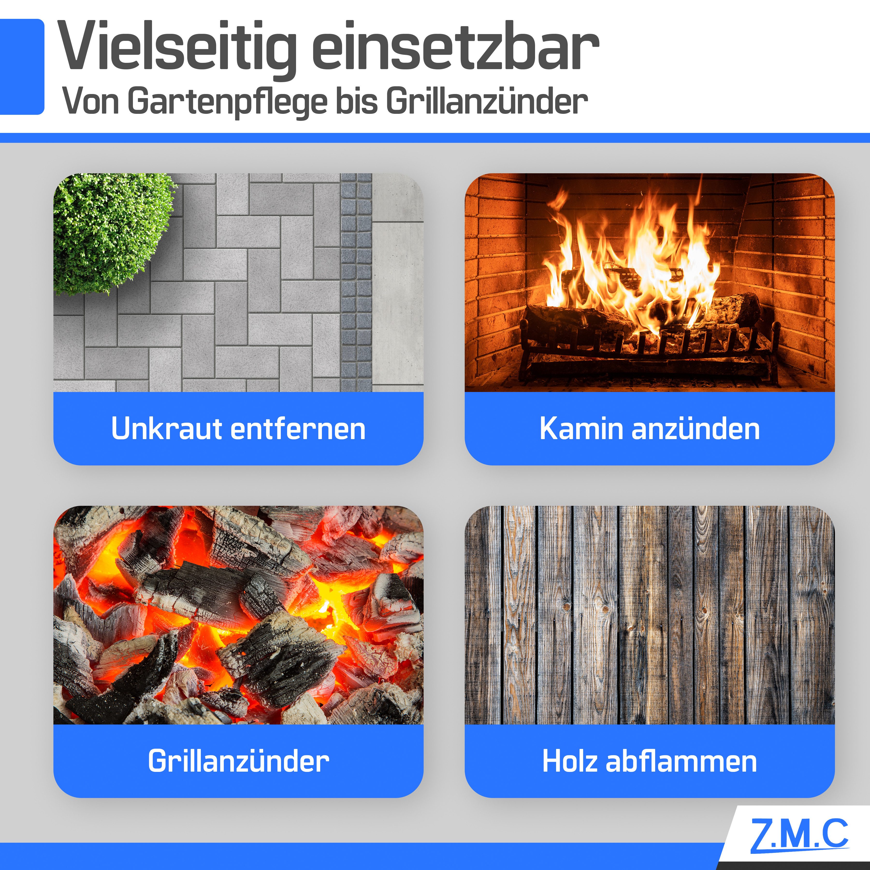 ZMC Flambierbrenner Grillanzünder Kohleanzünder Unkrautbrenner + 16x Gaskartuschen 227g, (Unkrautvernichter Unkrautreiniger Butan Brenner Abflammgerät Flammspritzpistole Gasbrenner Bunsenbrenner Lötlampe Lötbrenner), Temperatur bis zu 1300 ° C / Leistung: 2,5 kW, mit Piezo-Zündung