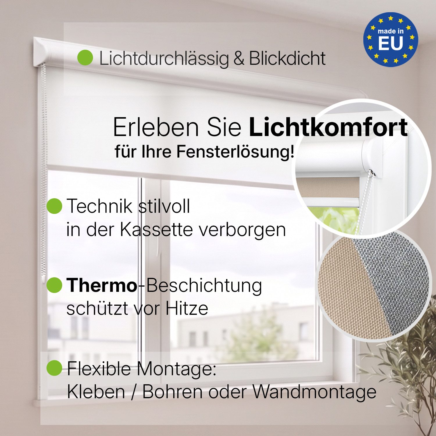 Rollo Kassetten Doppelrollo mit Seitenführung, Sichtschutz, DomDeco, blickdicht, ohne Bohren, durch Kleben oder Schrauben, Duo Rollo, Stufenlos verstellbar, Tag Nacht Rollo