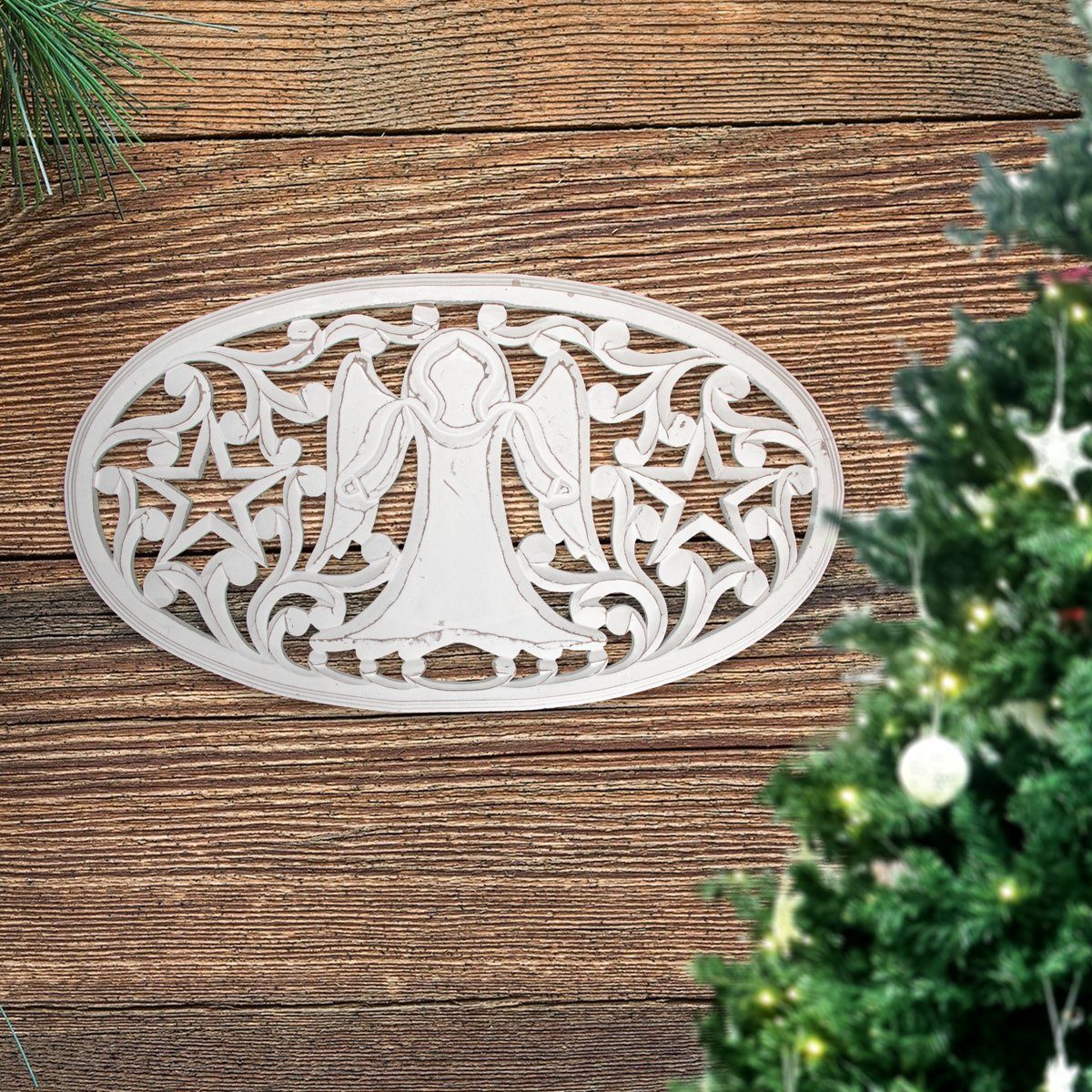 Antikas Wanddekoobjekt Wandornament, Weihnachten, Engel, Oval, Holz, Weiß, X-Mas, Dekoration