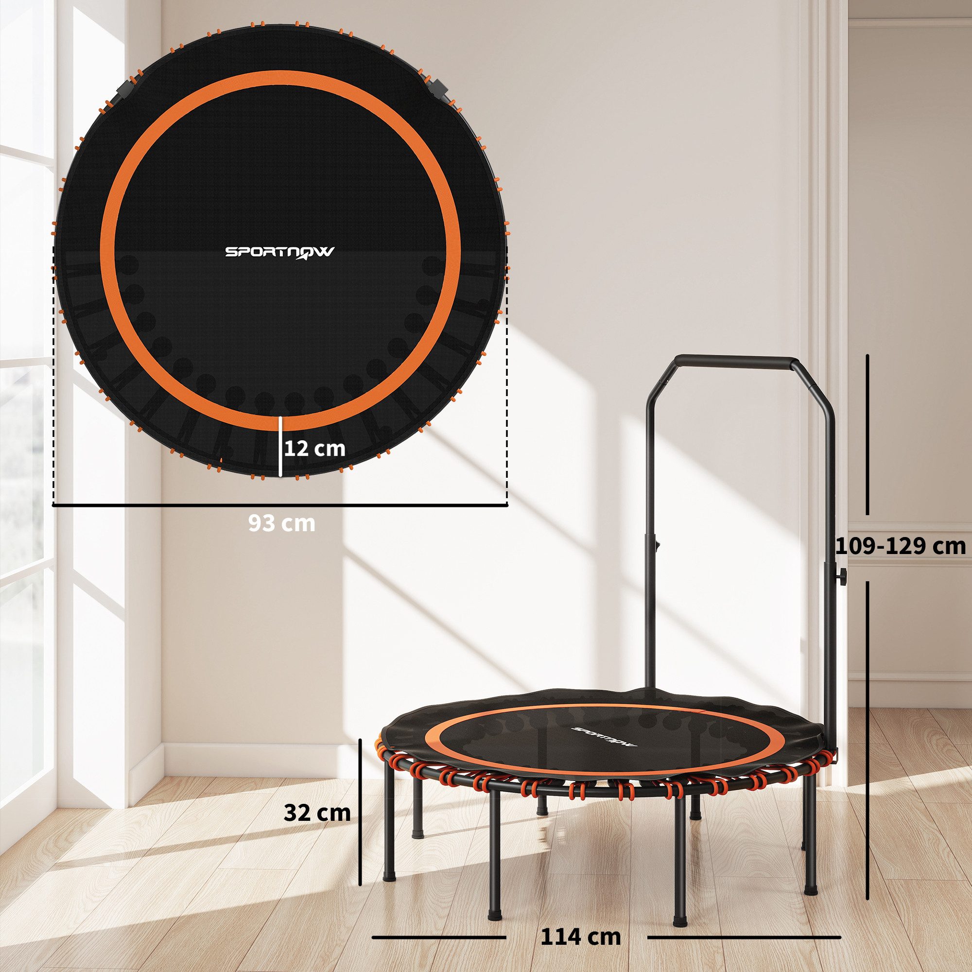 SPORTNOW Fitnesstrampolin mit verstellbarem Handlauf, Ø 114 cm, (Sport-Trampolin, 1 tlg., Fitness-Trampolin), Stahl, Kunststoff, Orange