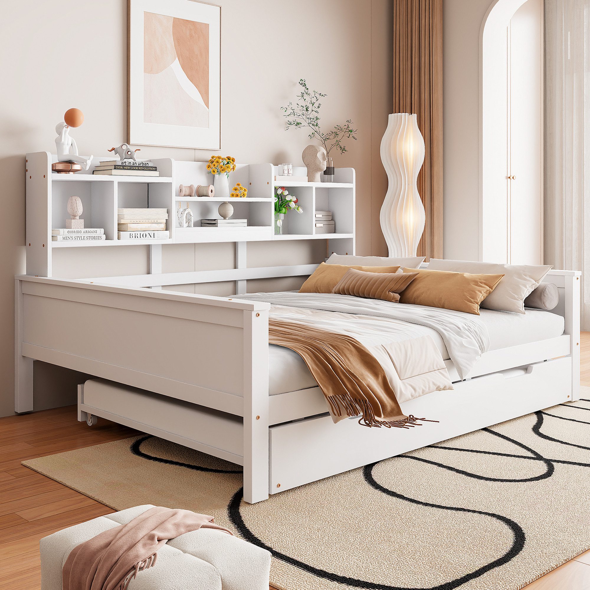 EXTSUD Ausziehbett Ausziehbares Massivholz-Schlafsofa mit Stauraum & Lattenrost, mit Staufach und Lattenrost, Kiefer Multifunktionsbett, Einzelbett