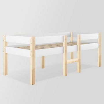 Sweiko Kinderbett, Massivholzbett mit Lattenrost und Rausfallschutz, Kiefer, 90 x 200 cm