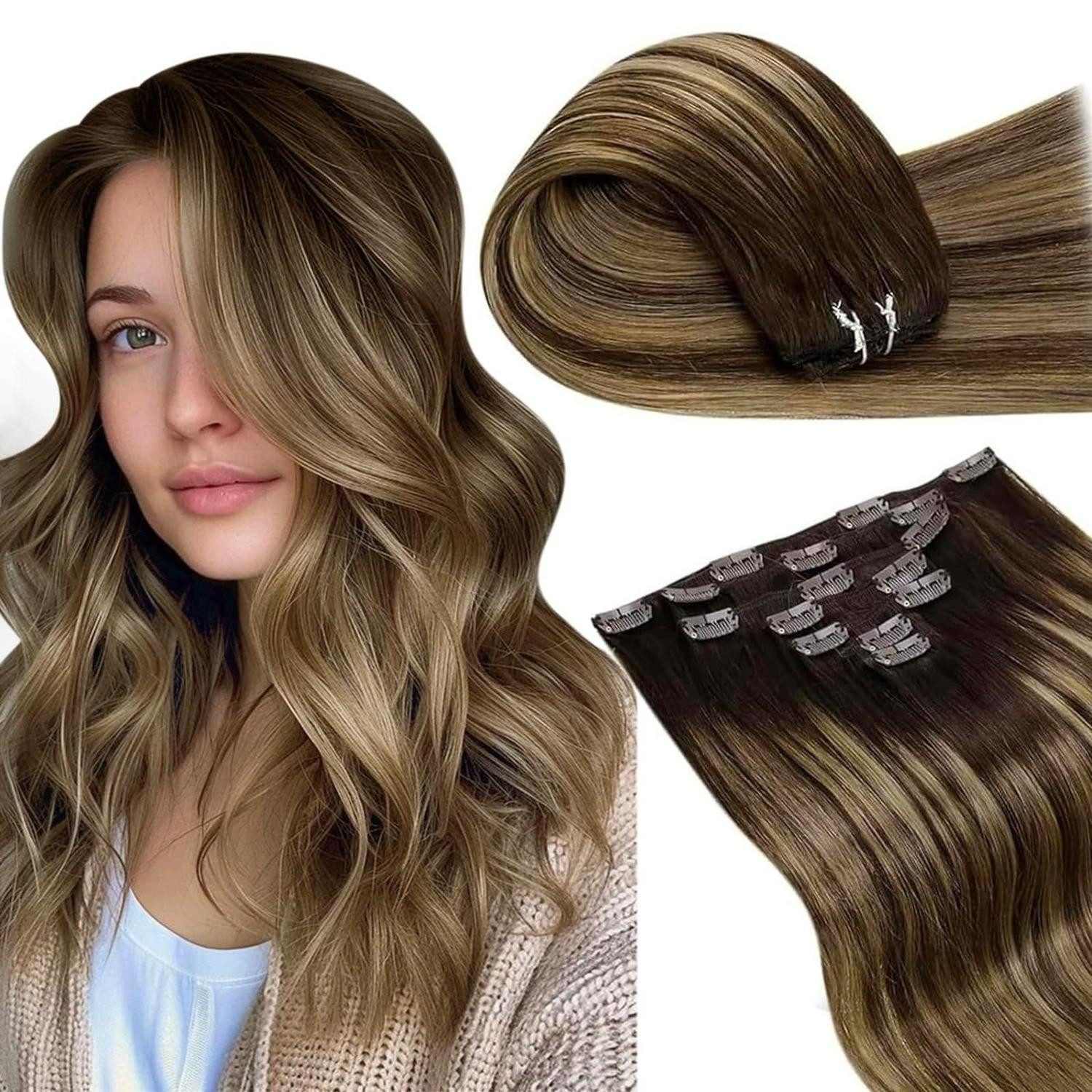 Echthaar-Extension Extensions Echthaar Clip Braun Balayage Ombre 40cm-7PCS 3.1#4 27 4