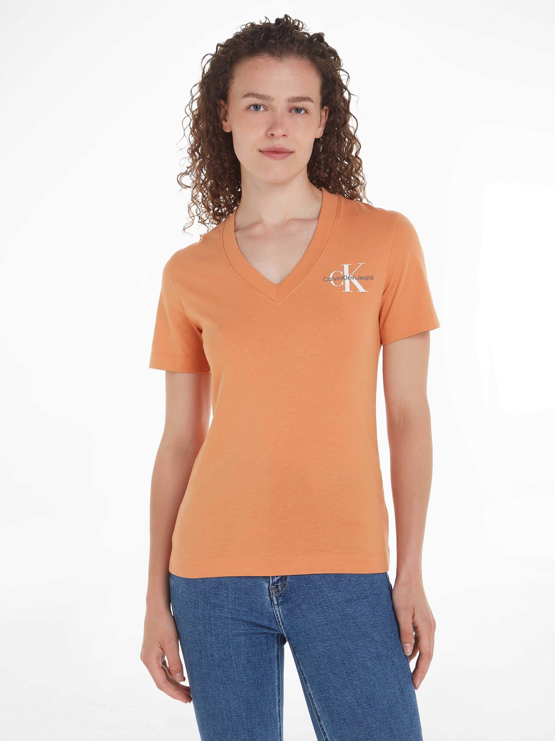 Calvin Klein mit Logodruck SLIM TEE Jeans V-NECK MONOLOGO Orange V-Shirt Tropical