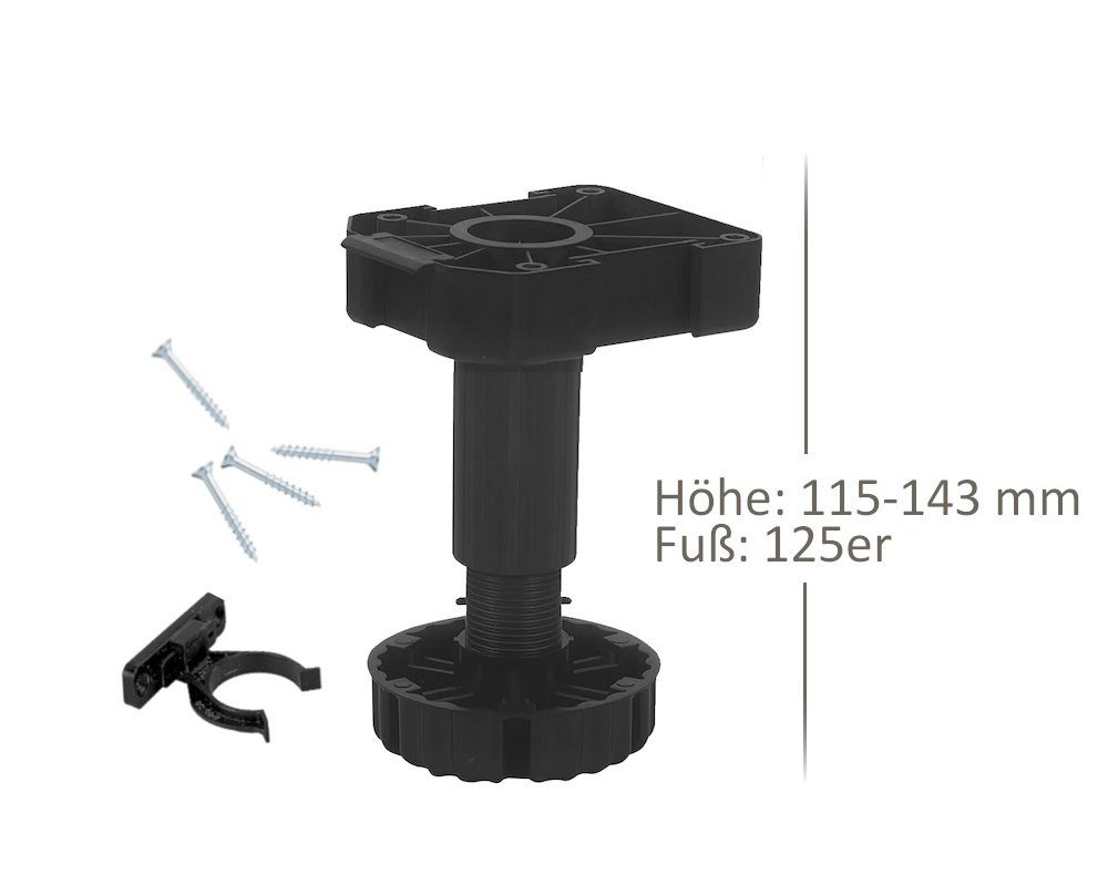 kuechenkonsum Sockelerhöhung Möbelfuß 125mm höhenverstellbar 115-143 mm Kunststoff schwarz