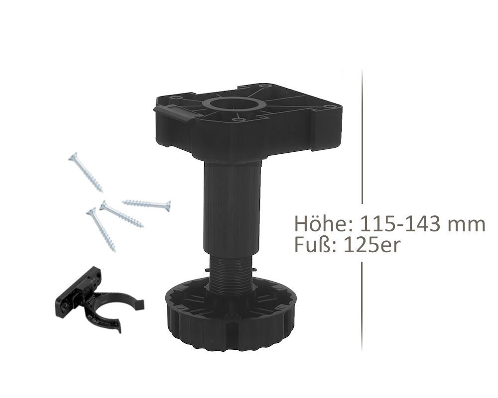Thumbnail - kuechenkonsum Sockelerhöhung Möbelfuß 125mm höhenverstellbar 115-143 mm Kunststoff schwarz
