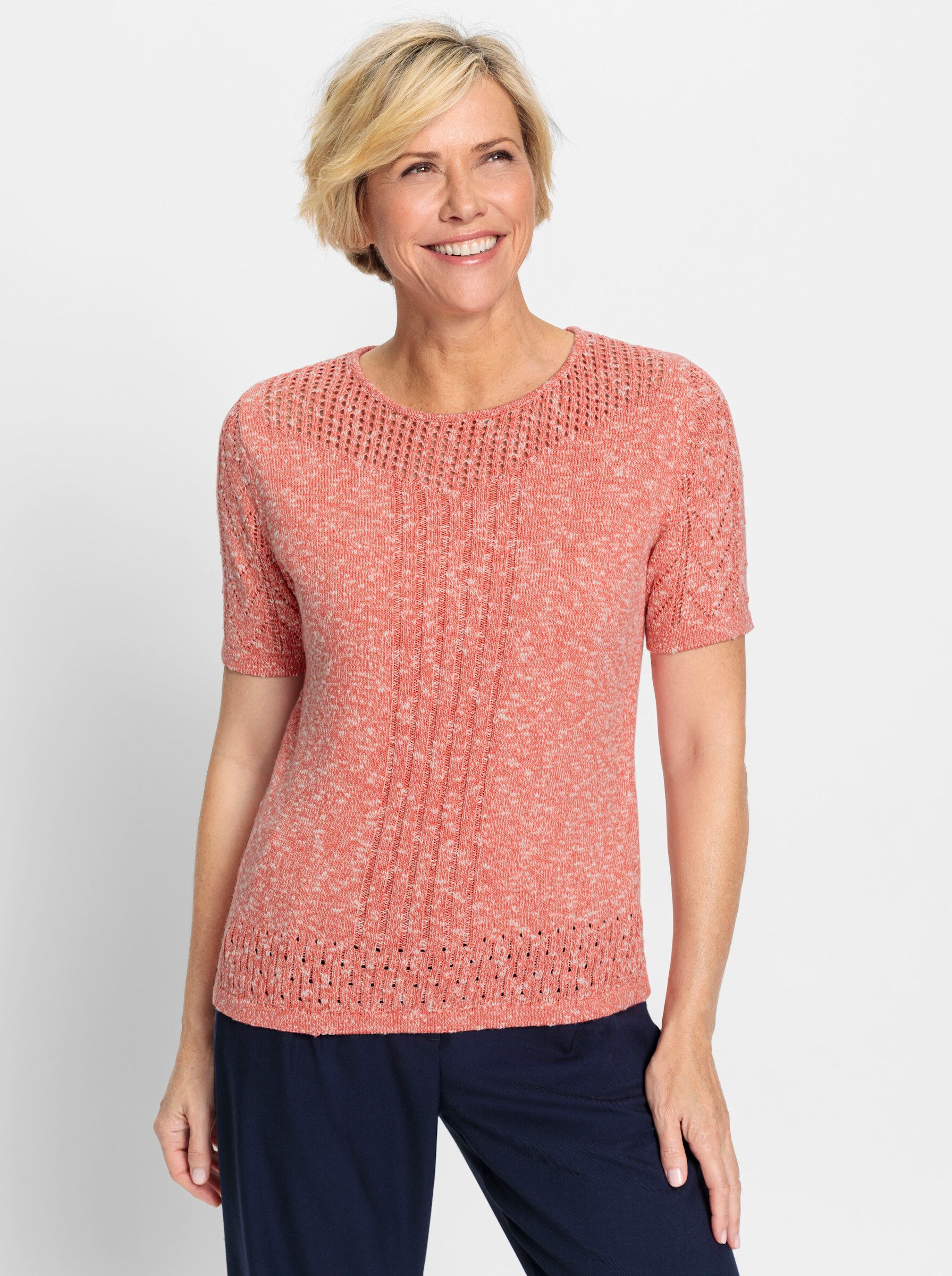 Strickpullover Ajour-Pullover Kurzarm Ajour