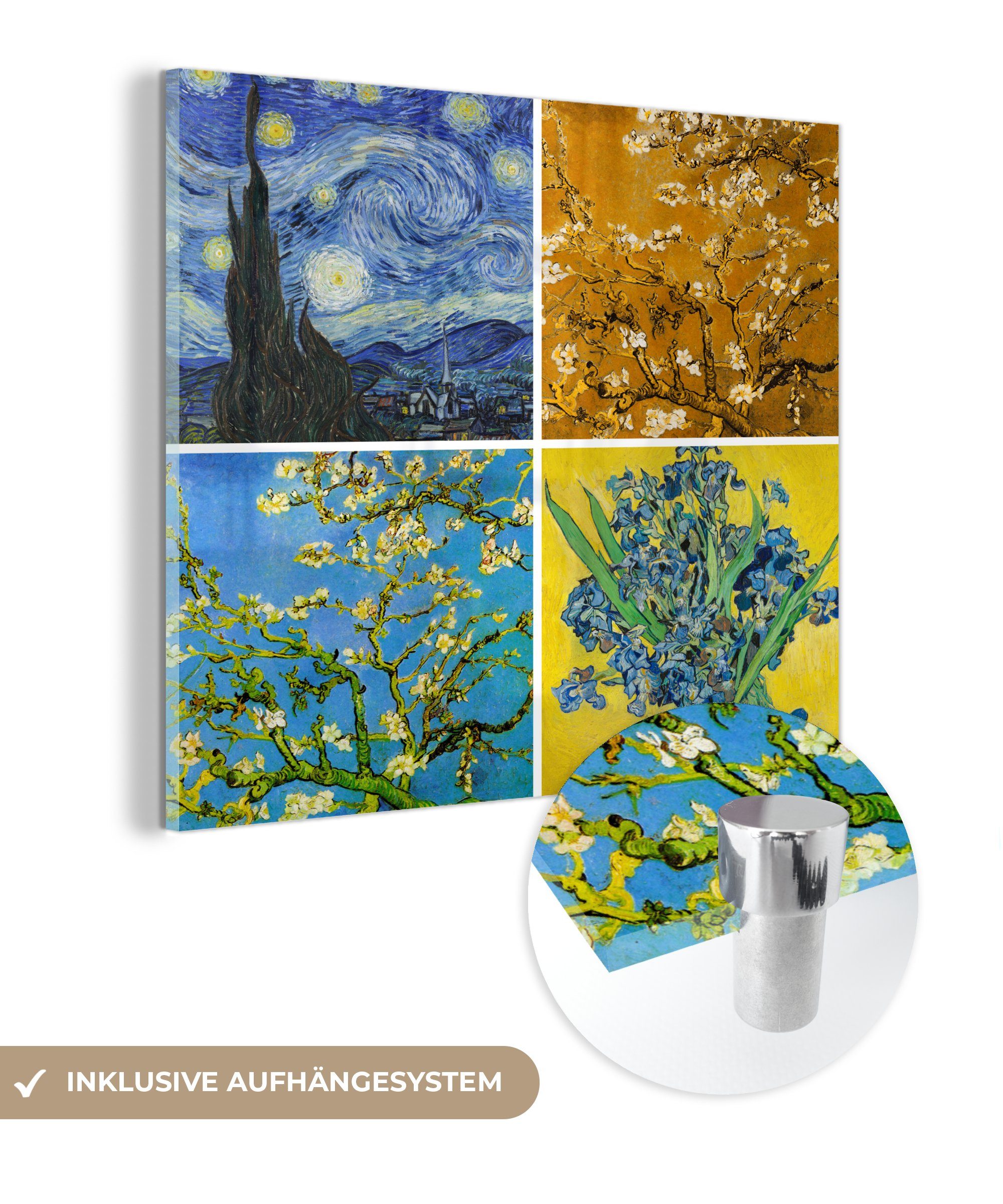MuchoWow Acrylglasbild Van Gogh - Sternennacht - Collage, (1 St), Glasbilder - Bilder auf Glas Wandbild - Foto auf Glas - Wanddekoration