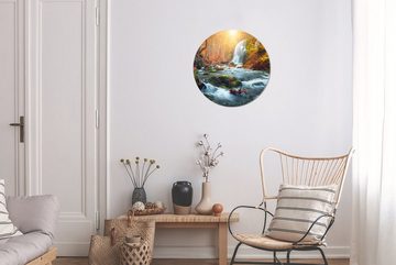 MuchoWow Gemälde Wasserfall - Sonne - Herbst, (1 St), Kreis Wanddekoration Forex, Rundes Wandbild, Wohnzimmer, 30x30 cm