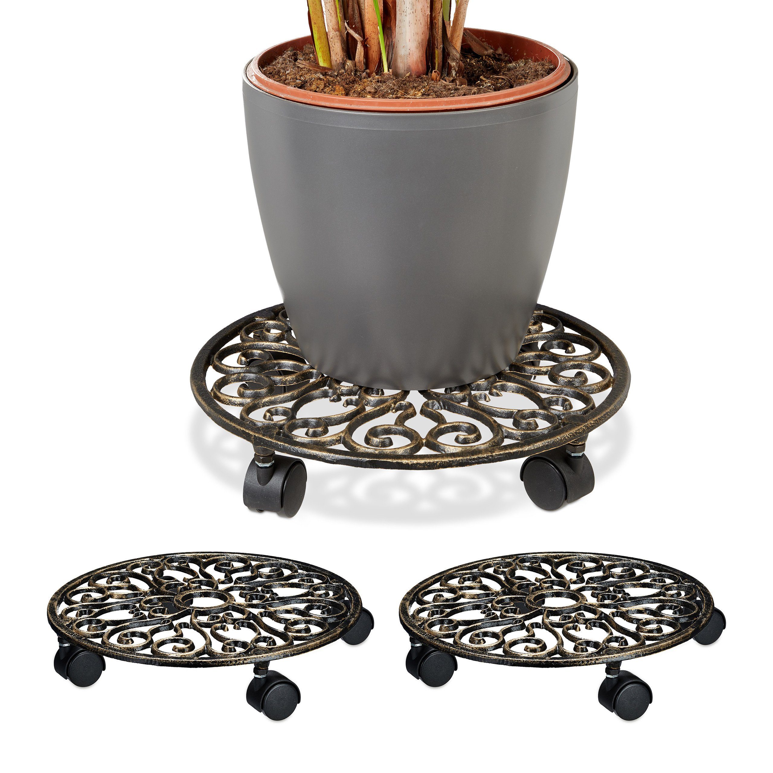 Blumentopfuntersetzer 3 x Pflanzenroller Gusseisen rund