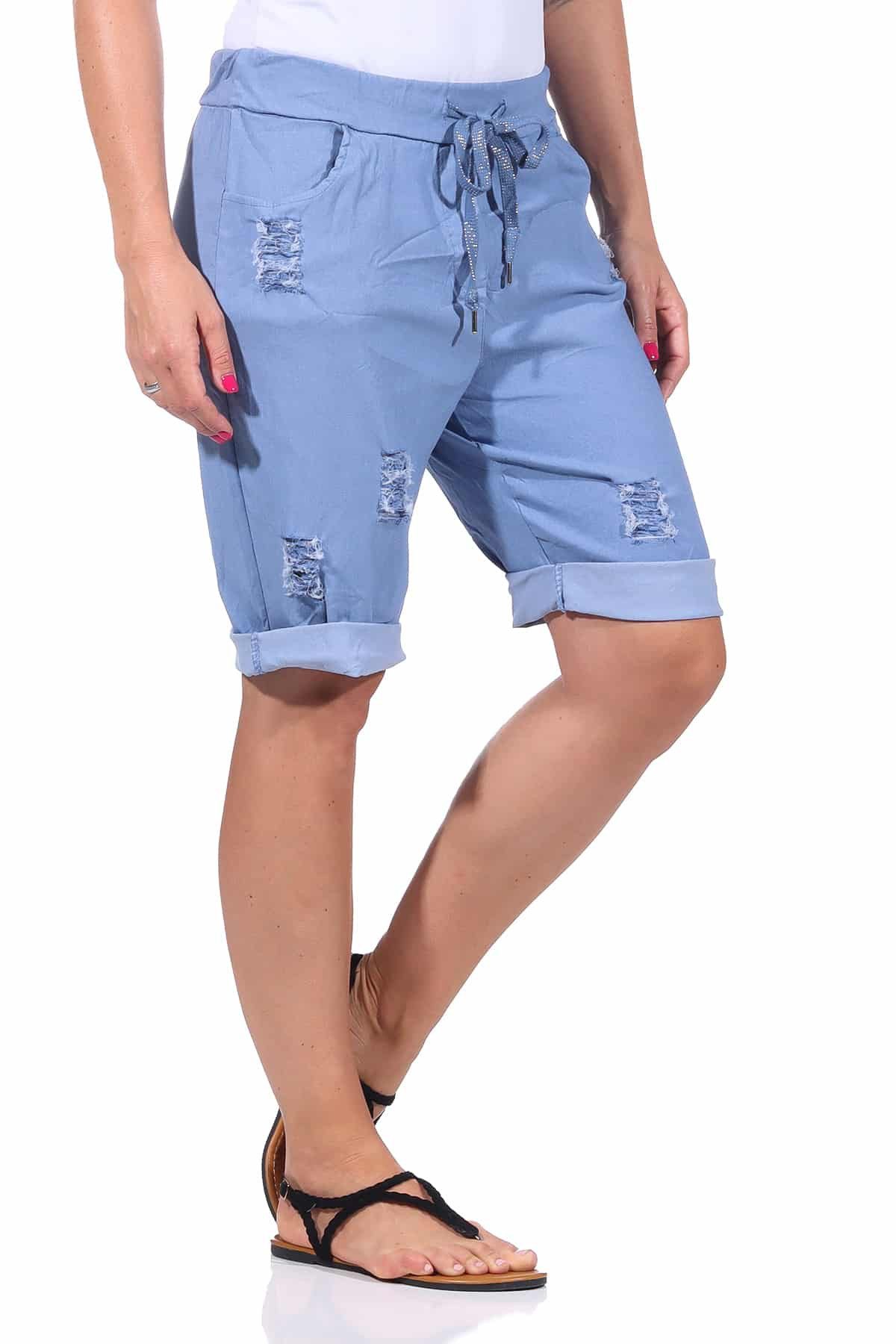 OriginalYou Bermudas Damen Bermuda kurze Sommer Hose im Distressed Look Knitterlook, mit Gummibund & Kordelzug, 38/40 bis 44/46 erhältlich