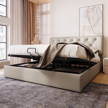 OKWISH Polsterbett Hydraulisch (Verstellbares Kopfteil Doppelbett,Bett mit Lattenrost aus Metallrahmen, Modernes Bettgestell mit Stauraum), 140x200cm, ohne-Matratze