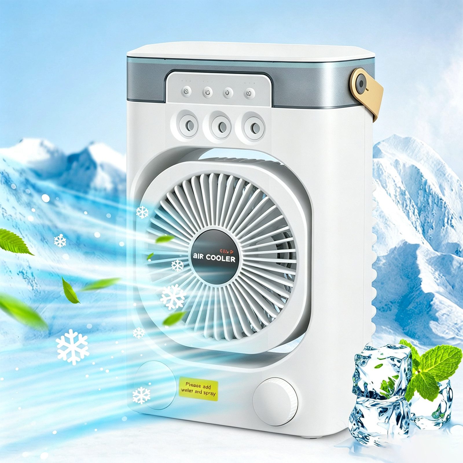 MOPUEA Ventilatorkombigerät 2-in-1 Luftkühler mit Sprühnebel 600ml 3Stufen LED-Licht Timer, Sprühnebel, 7 Farben, 3 Windstufen, Timer und integrierter Tragegriff.