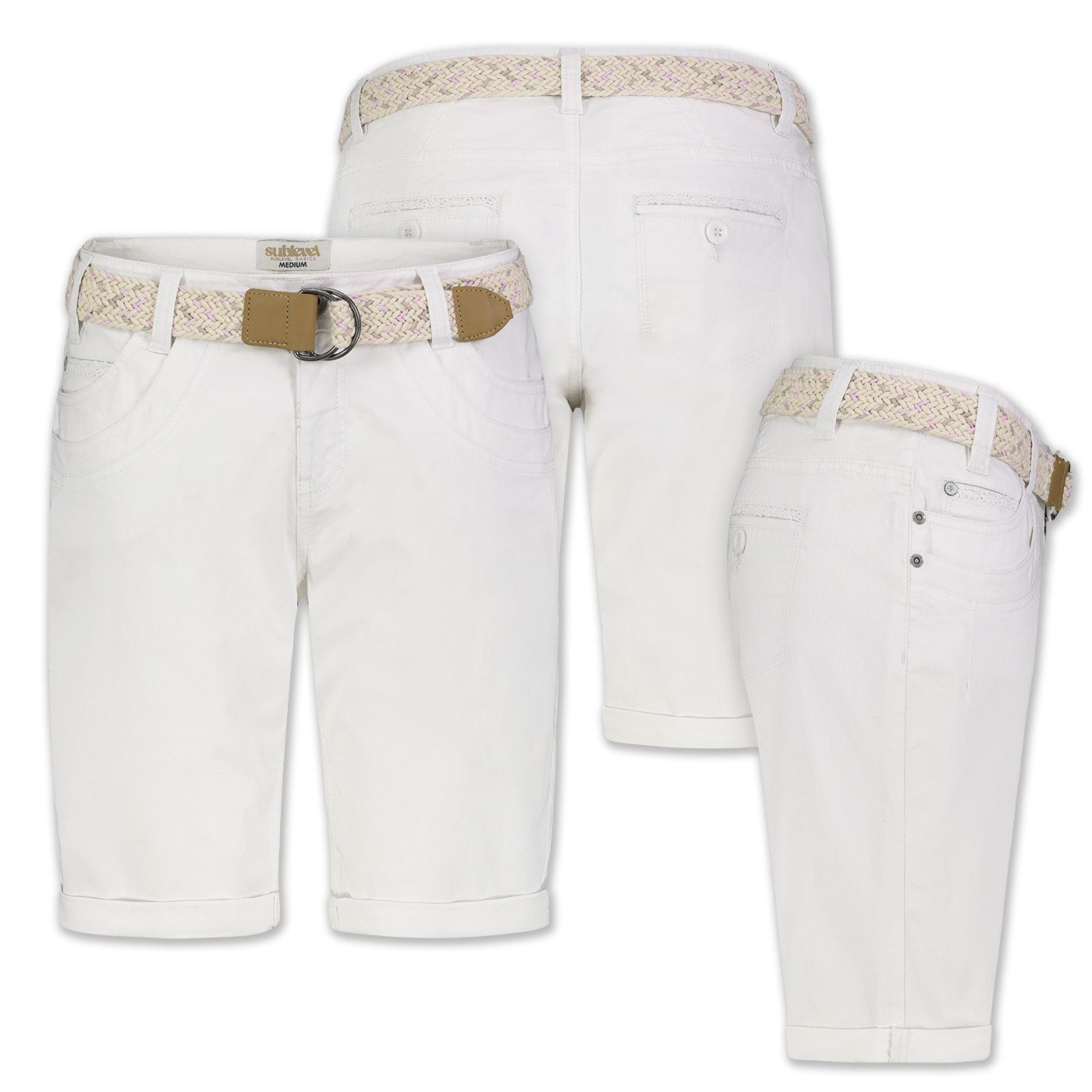 SUBLEVEL Bermudas Damen Short Bermuda kurze Hose Sommer Chino Short Stoff Hose Gürtel