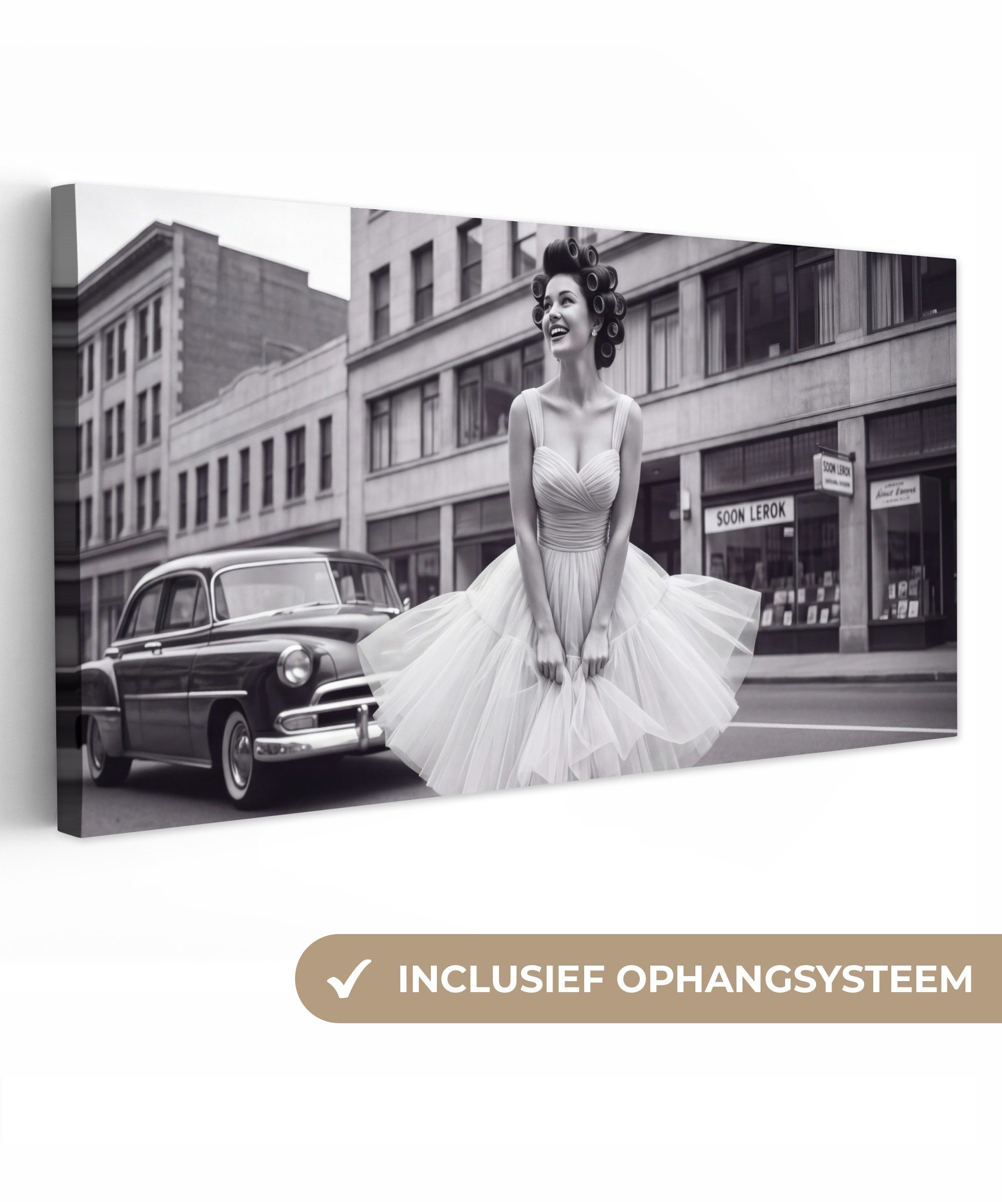 OneMillionCanvasses® Leinwandbild Panorama Retro - Frau - Schwarz - Weiß, Fotodruck (1 St), Wandbild, Deko Schlafzimmer Wohnzimmer Flur 40x20 cm