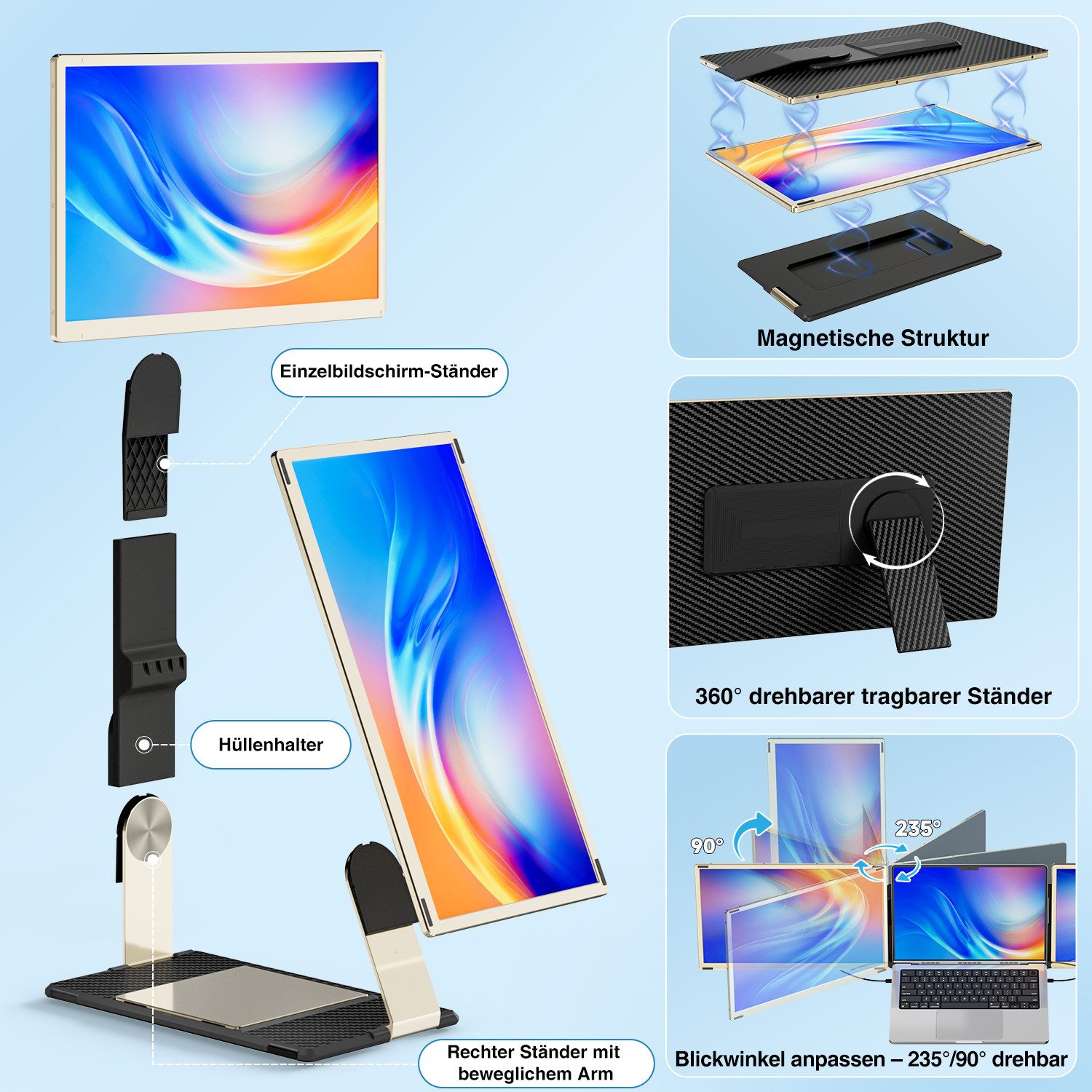 KEFEYA Dual-Screen-Laptop-Bildschirm-Extender Laptop-Bildschirmerweiterung Portabler Monitor (16 cm/15.6 ", 1920x1080 px, Full HD, 60 Hz, HDR, Als Einzelbildschirm nutzbar, passend für Laptops von 13-17,3 Zoll)