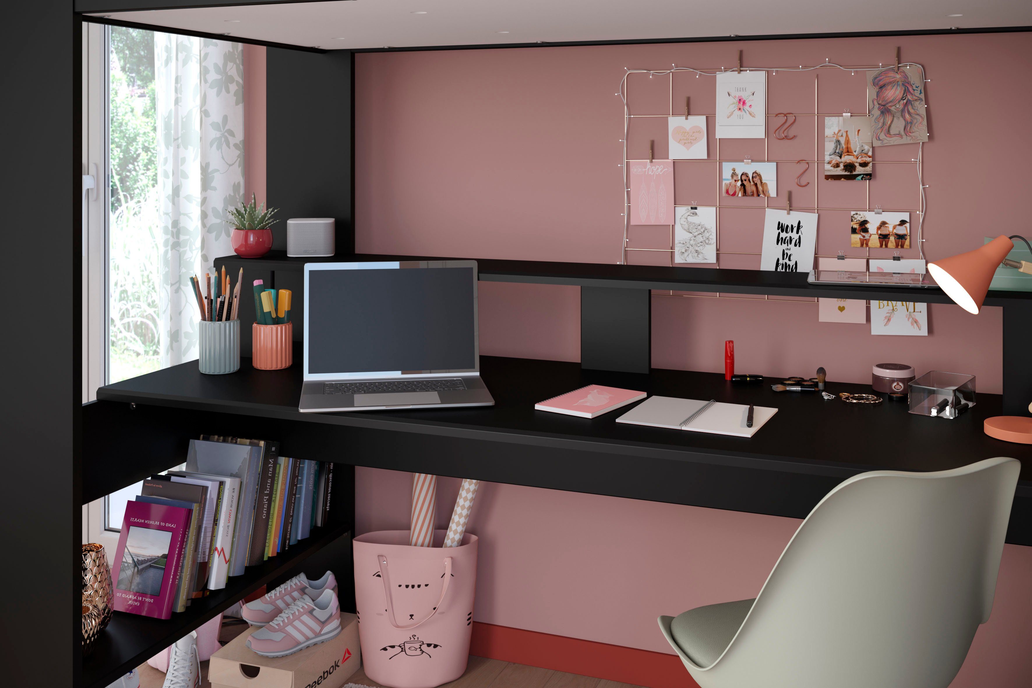 Schreibtisch Stauraum, Hochbett mit LED, Gaming-Bett, USB, Parisot