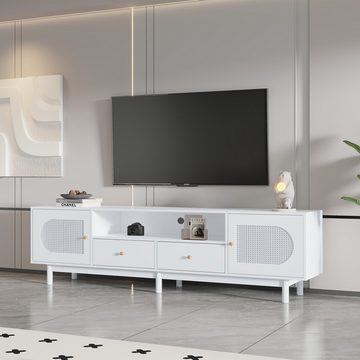 OKWISH TV-Schrank Lowboard TV-Unterschrank (2 Türen, 2 Schubladen,für 80-Zoll-Fernseher) aus weißem Rattan, 180*40*56 cm