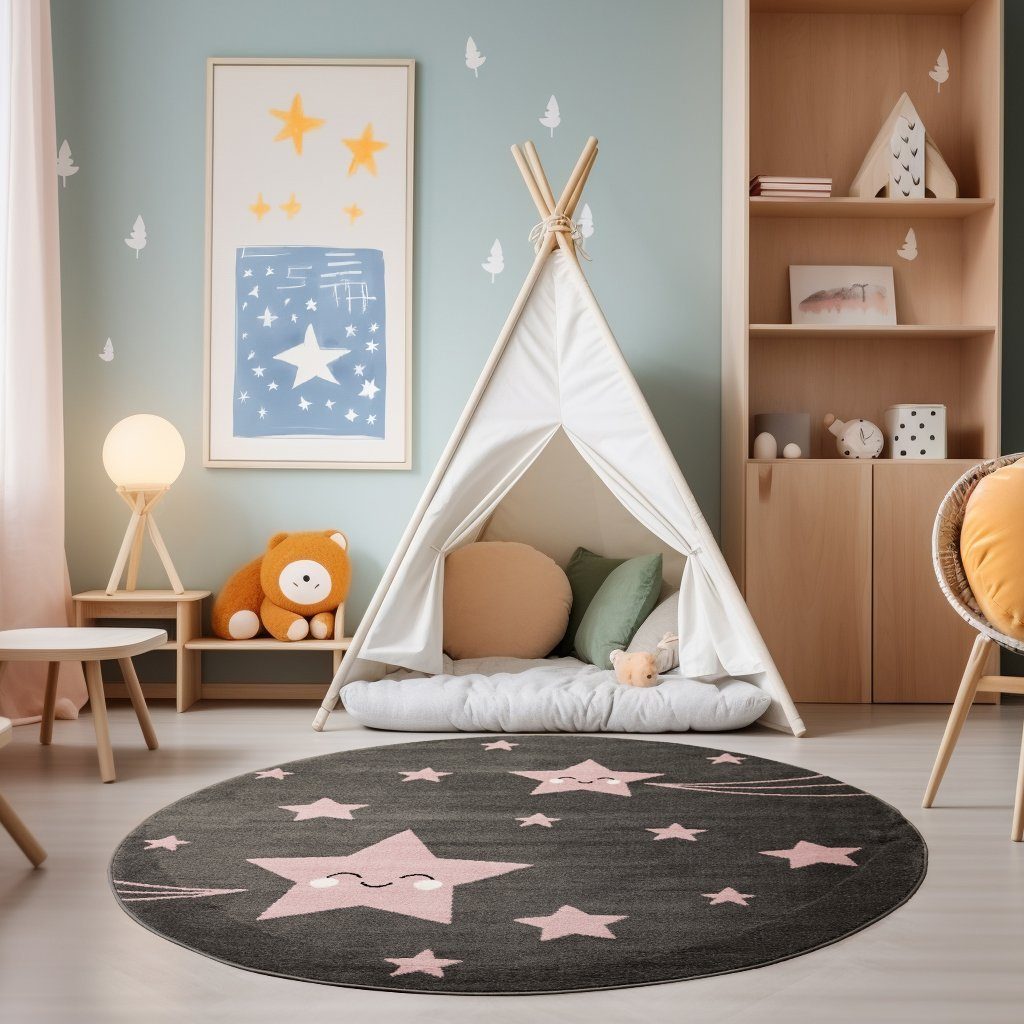 SIMPEX24 Teppich Sterne Design, Rund, Höhe: 11 mm, Kinderteppich Stern Design Rosa Baby Teppich Kinderzimmer Pflegeleicht