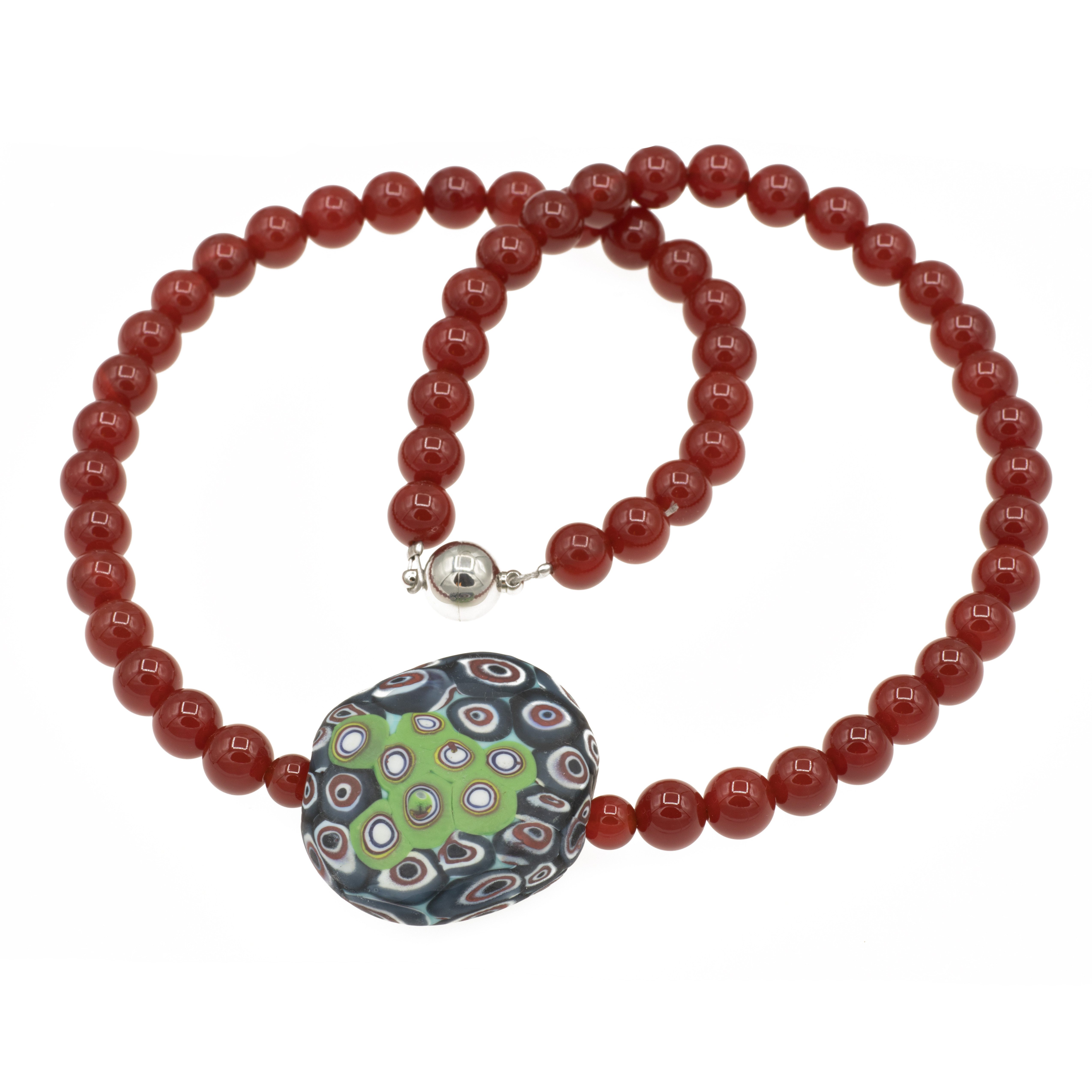 Perlenkette Kette mit Karneol und 1 Murano Glas Mosaik Perle