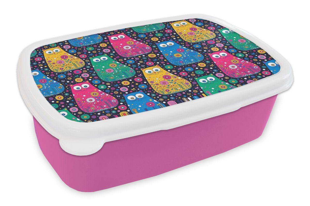 MuchoWow Lunchbox Katze - Regenbogen - Blumen, Kunststoff, (2-tlg), Brotbox für Erwachsene, Brotdose Kinder, Snackbox, Mädchen, Kunststoff rosa | Lunchboxen