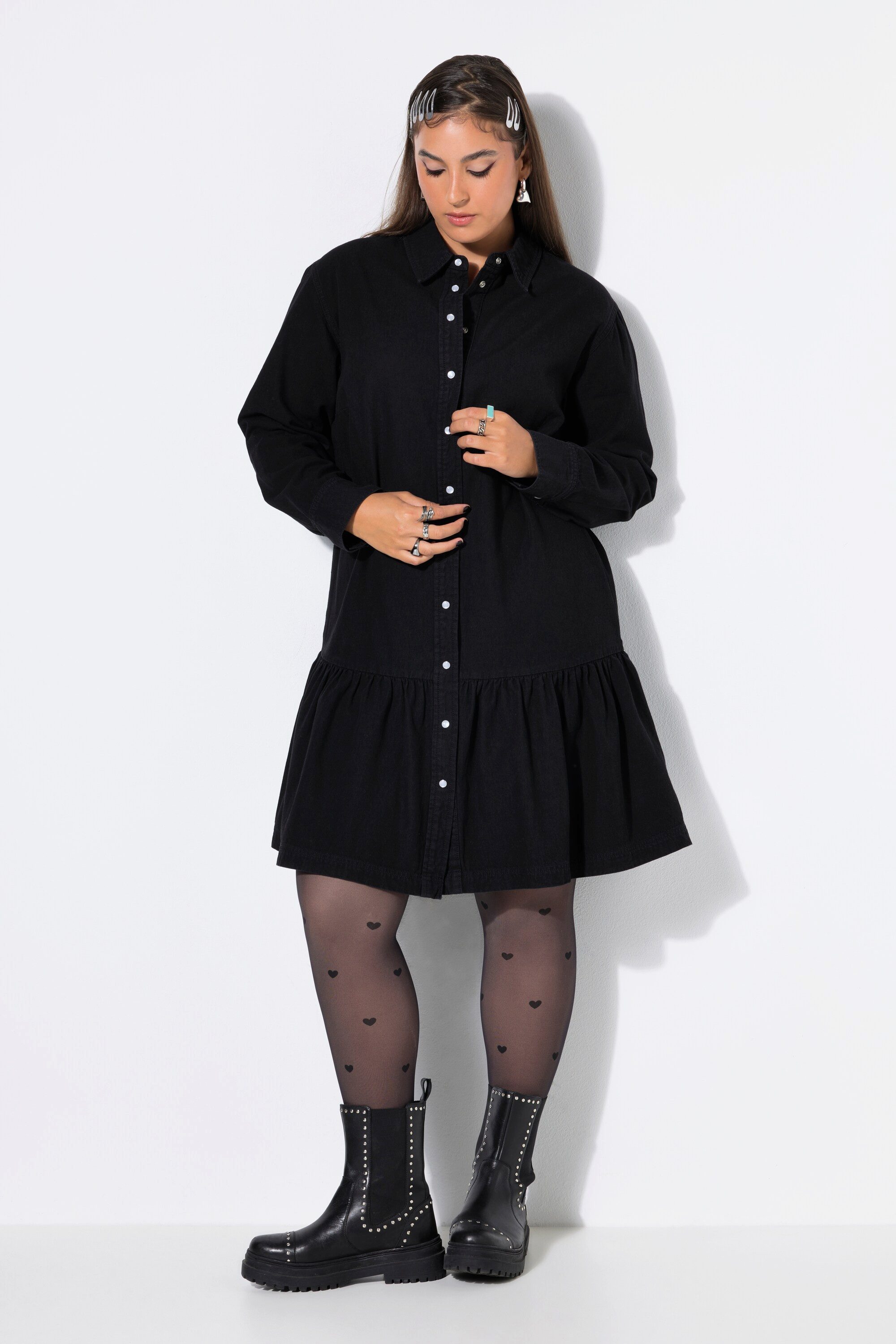 Studio Untold Midikleid Jeanskleid oversized Saumvolant weiter Langarm – Bild 4 von 4