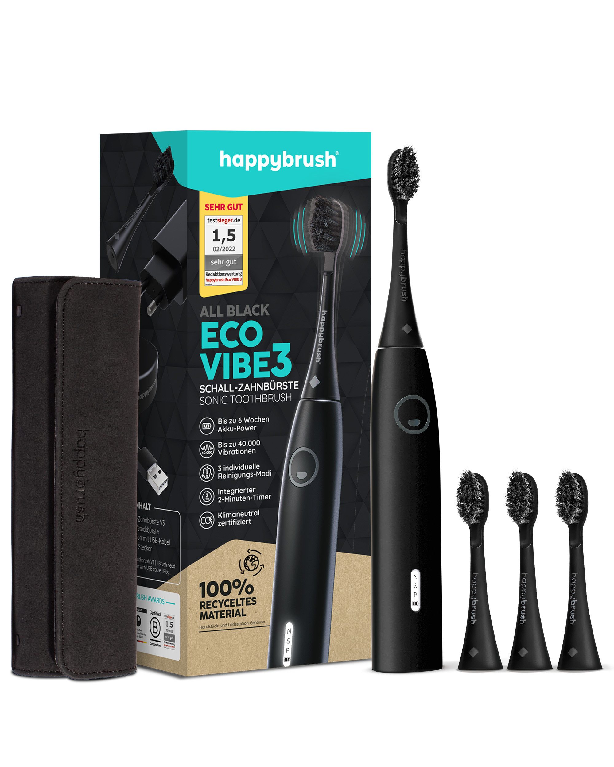 happybrush Schallzahnbürste Eco Vibe 3 AllBlack, Щетки: 4 St., Eco Vibe 3, 3 individuelle Putz-Modi, Schalltechnologie