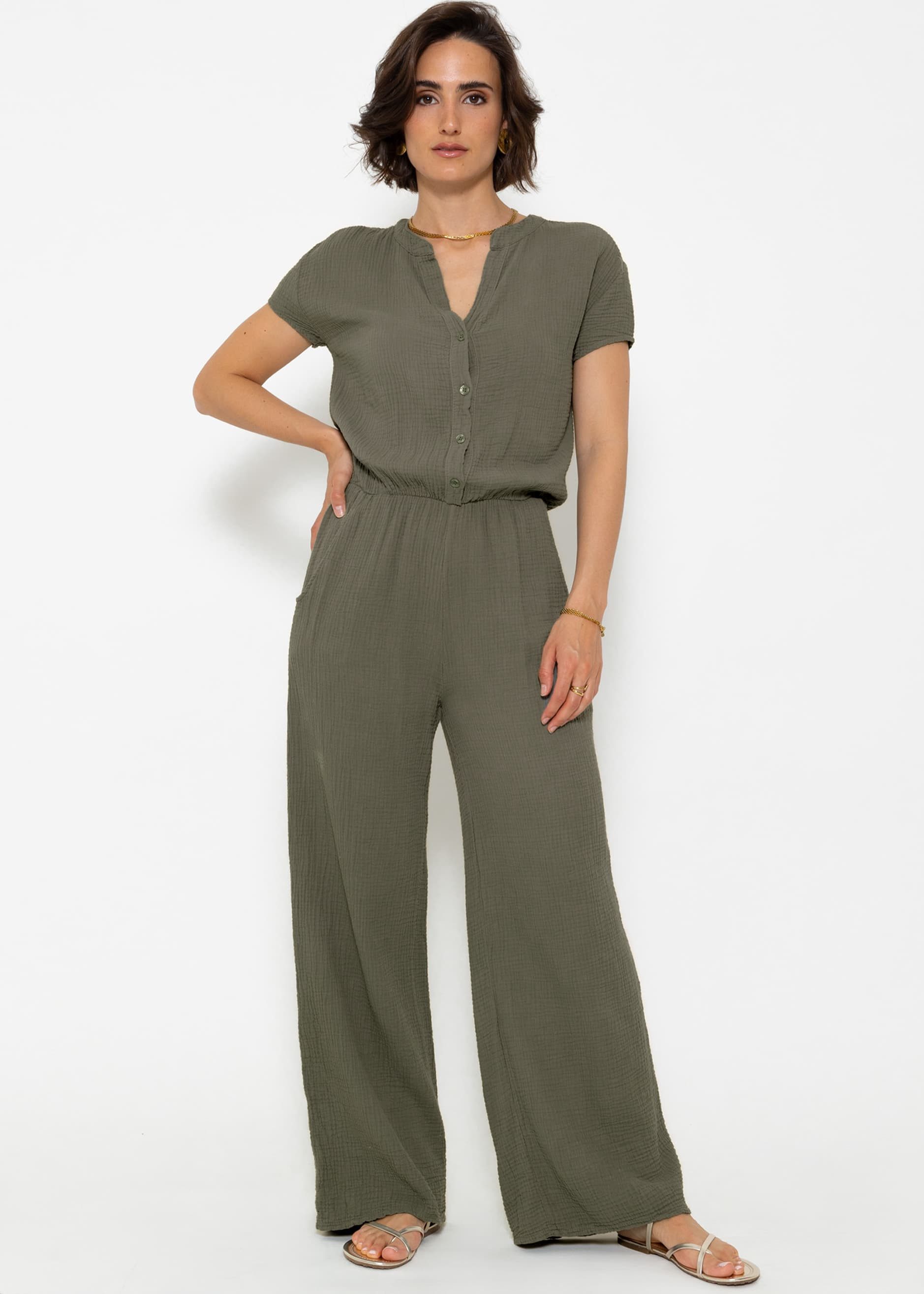 SASSYCLASSY Jumpsuit Sportlicher Musselin Jumpsuit mit Taillenbund Baumwoll Jumpsuit mit Knopfleiste und kurzen Ärmeln
