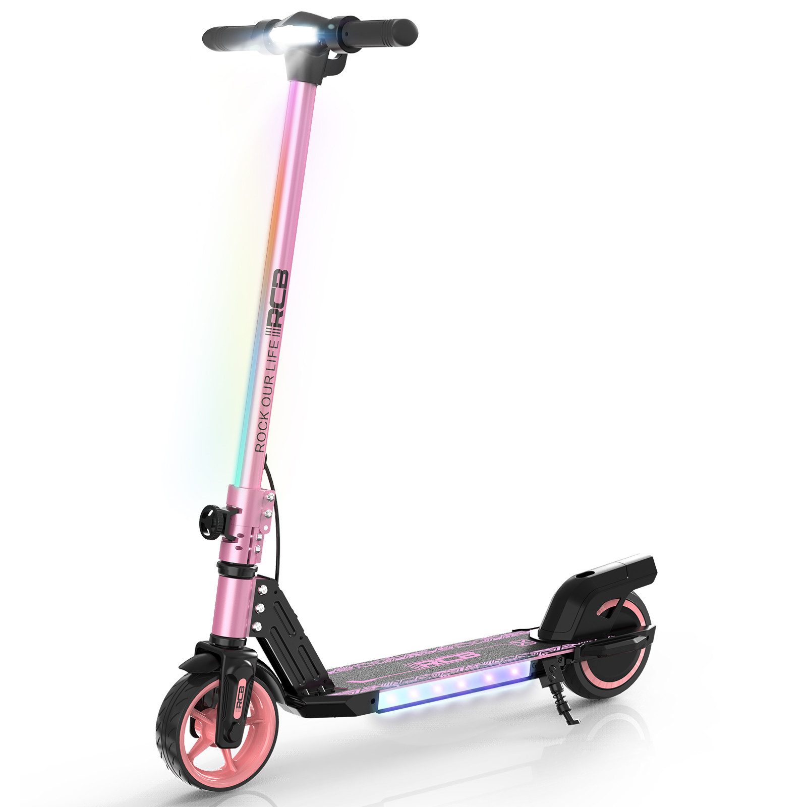 RCB TECH Elektro-Kinderroller R12 Elektrischer Kinder-Scooter, klappbar, bis 10 km Reichweite, LED, Belastbarkeit 50 kg, (1-tlg), Seitliches Licht leuchtet dauerhaft; Schutzblech auch als Bremse.