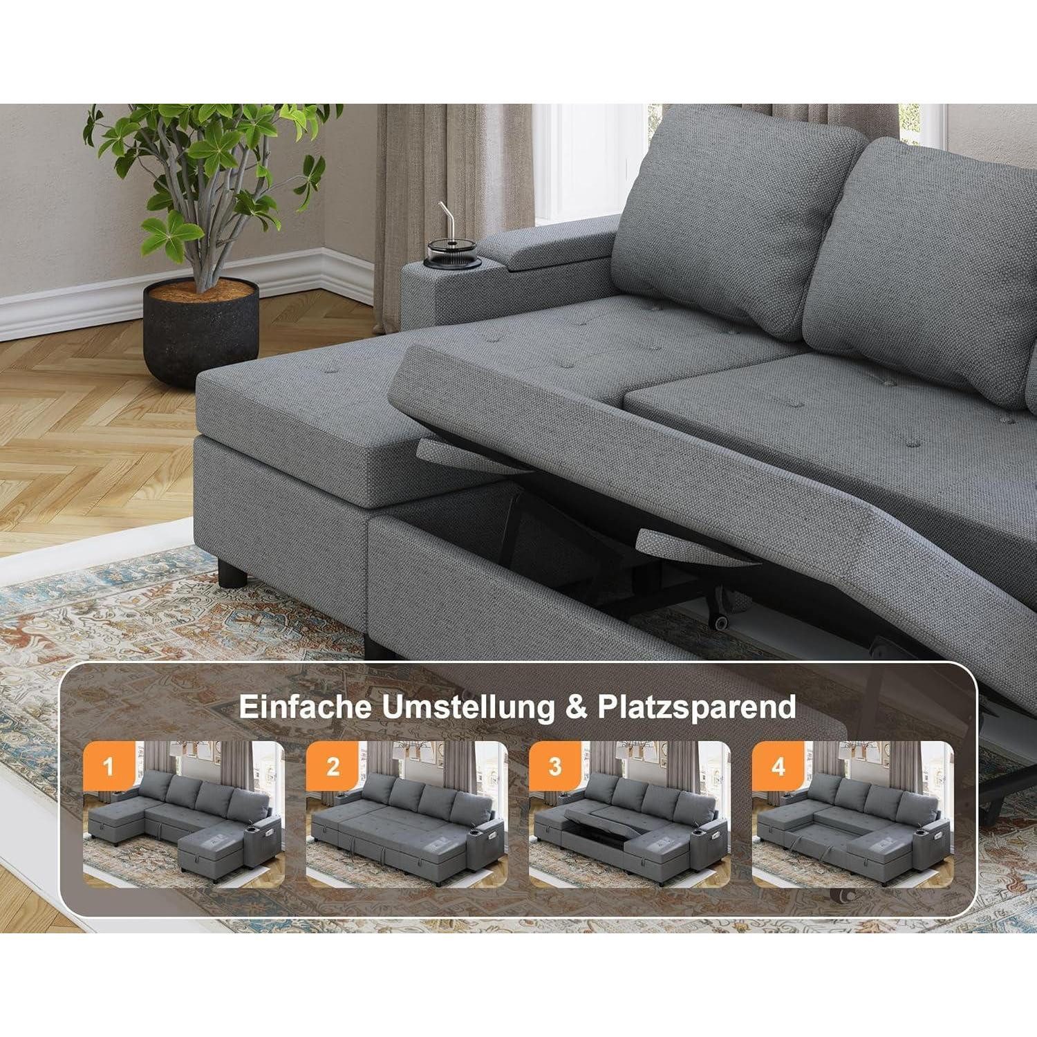 LuxusKollektion Ecksofa Ecksofa Schlafsofa Bettkasten U Form 4 Sitzer 254cm - U Hellgrau