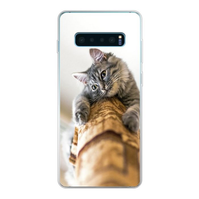 MuchoWow Handyhülle Katze - Kratzbaum - Grau Phone Case Handyhülle Samsung Galaxy S10 Lite Silikon Schutzhülle
