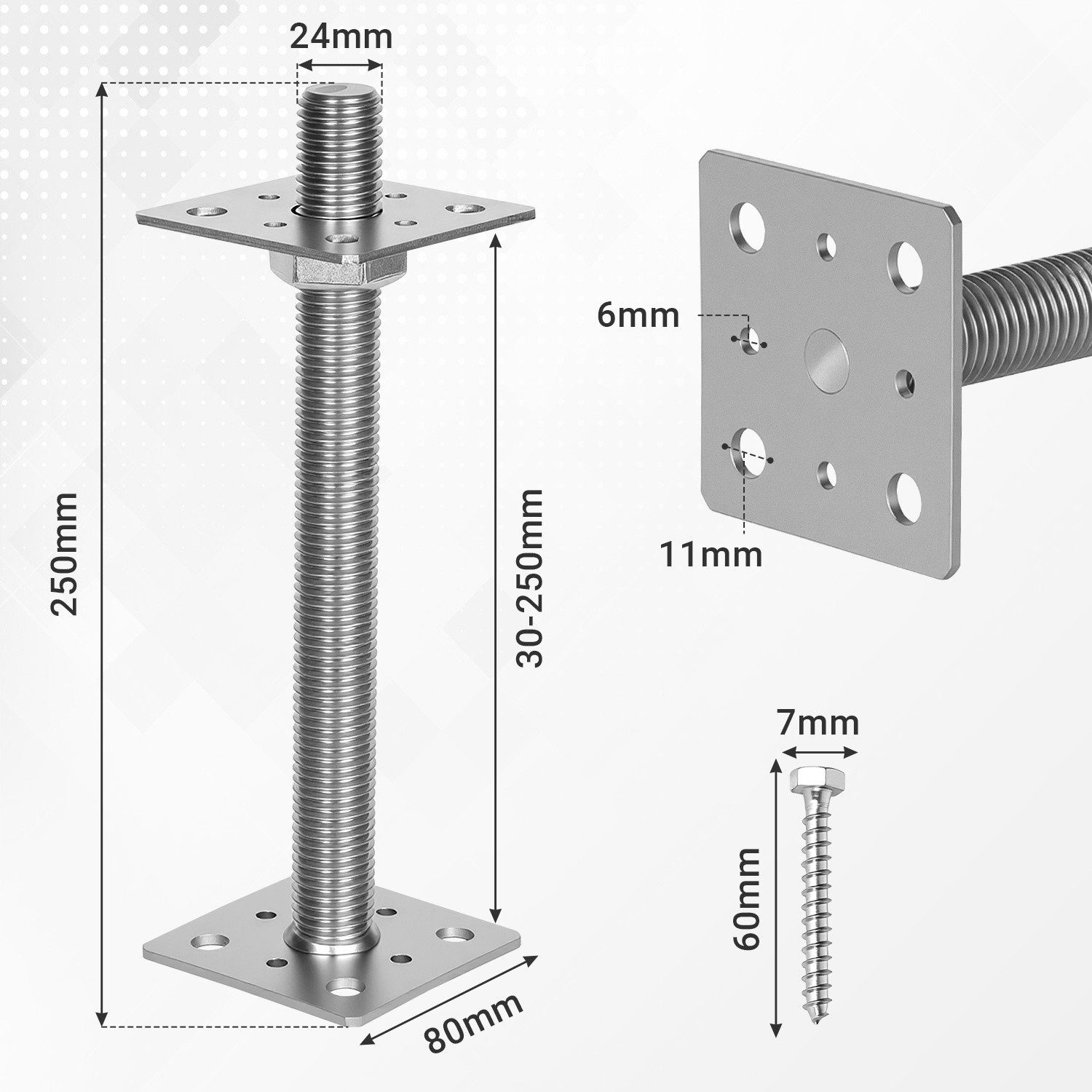 Clanmacy Pfostenträger Pfostenträger höhenverstellbar 30–250 mm – für Zaun, Silber 4PCS