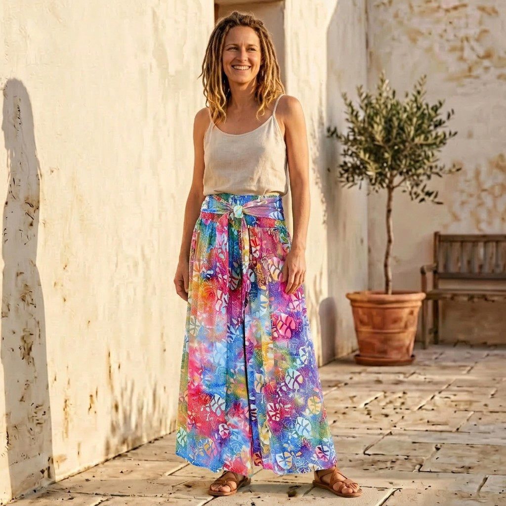 Guru-Shop Relaxhose Palazzohose mit breitem Bund, Wachsbatik.. alternative Bekleidung