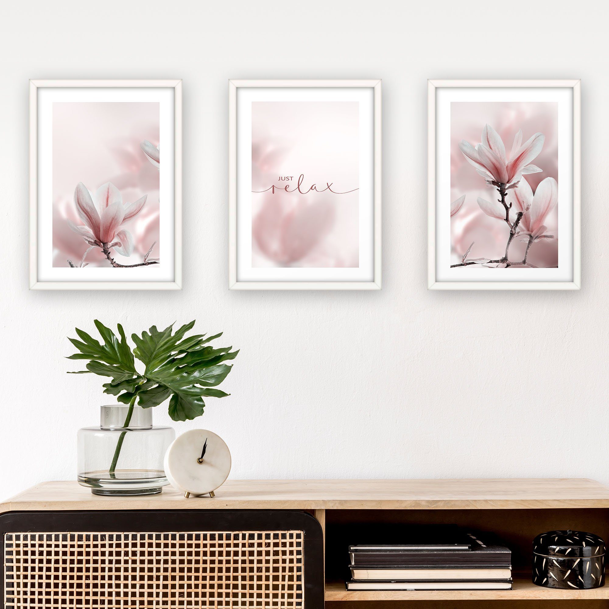 Rahmen, 3-teilig Kreative optional Feder Poster A4 DIN Premium mit oder Rahmen DIN „Magnolie“ Blumen St), Rahmen; A3 (Set, wahlweise weißer optional mit 3 Set