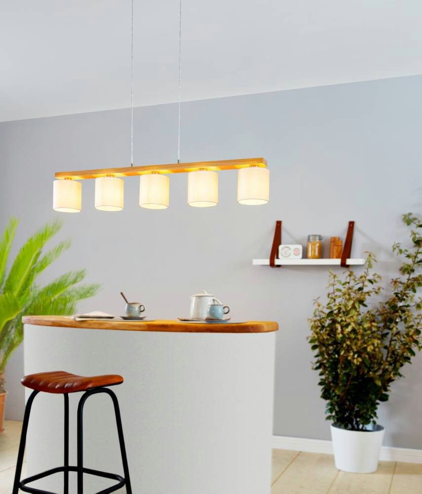 EGLO Hängeleuchte CASTRALVO Pendellampe, Stahl, Holz und Textil, Esszimmerlampe, Lampe, ohne Leuchtmittel, Pendelleuchte, L121 x B15 x H110 cm, nickel-matt, braun, weiß, 5X28W