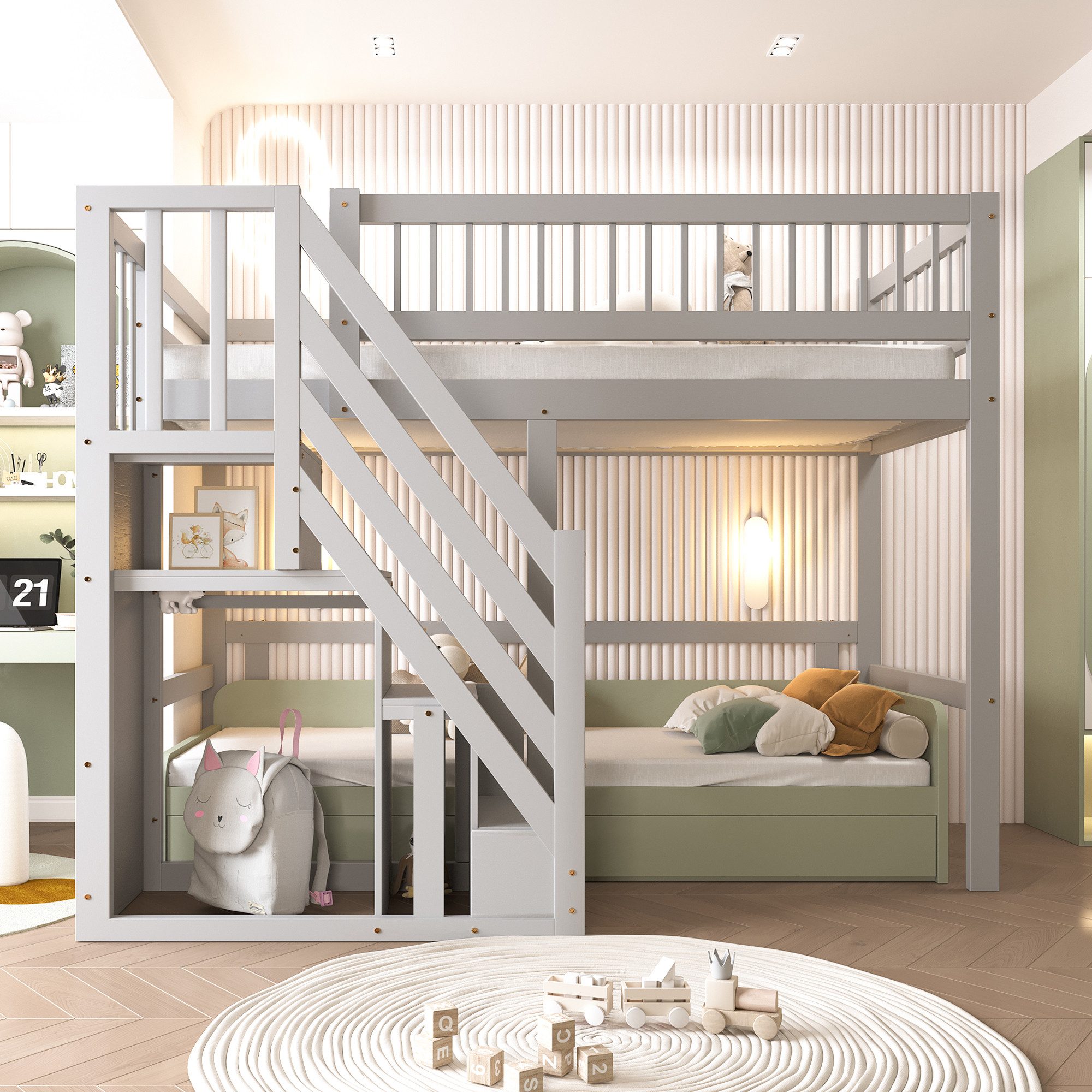 Flieks Hochbett Massivholz Einzelbett Kinderbett 90x200cm mit Stauraumtreppe