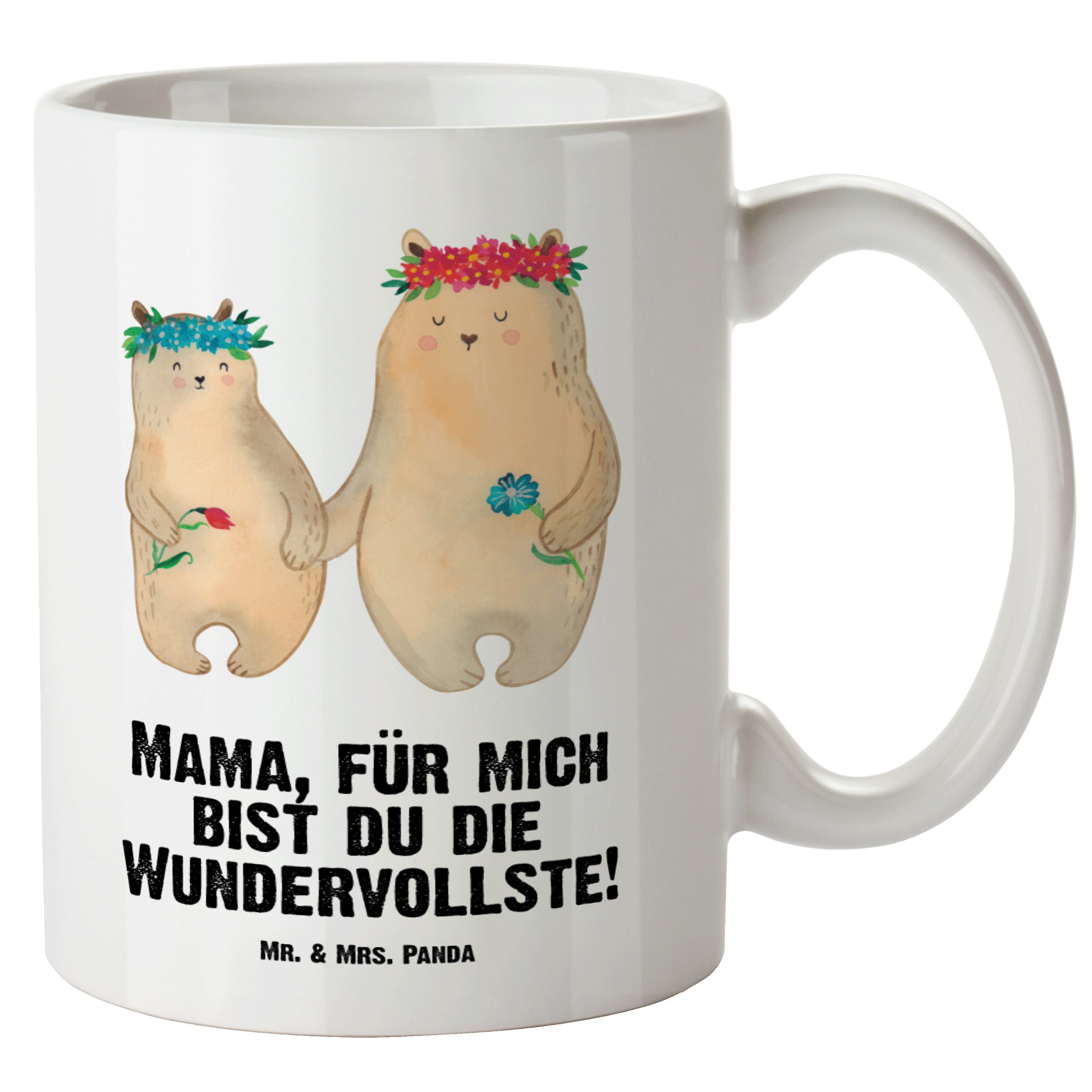 Mr. & Mrs. Panda Tasse Bären mit Blumenkranz - Weiß - Geschenk, Groß, Kind, Papa, Lieblingsm, XL Tasse Keramik