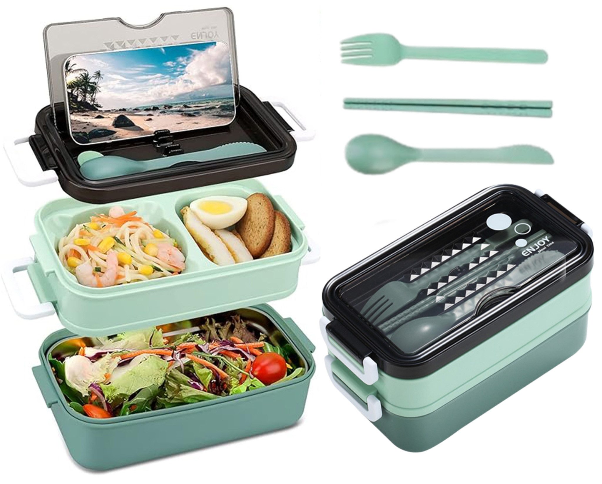 Lunchbox Doppelschicht-Lunchbox, große Kapazität, mit dreiteiligem Besteckset