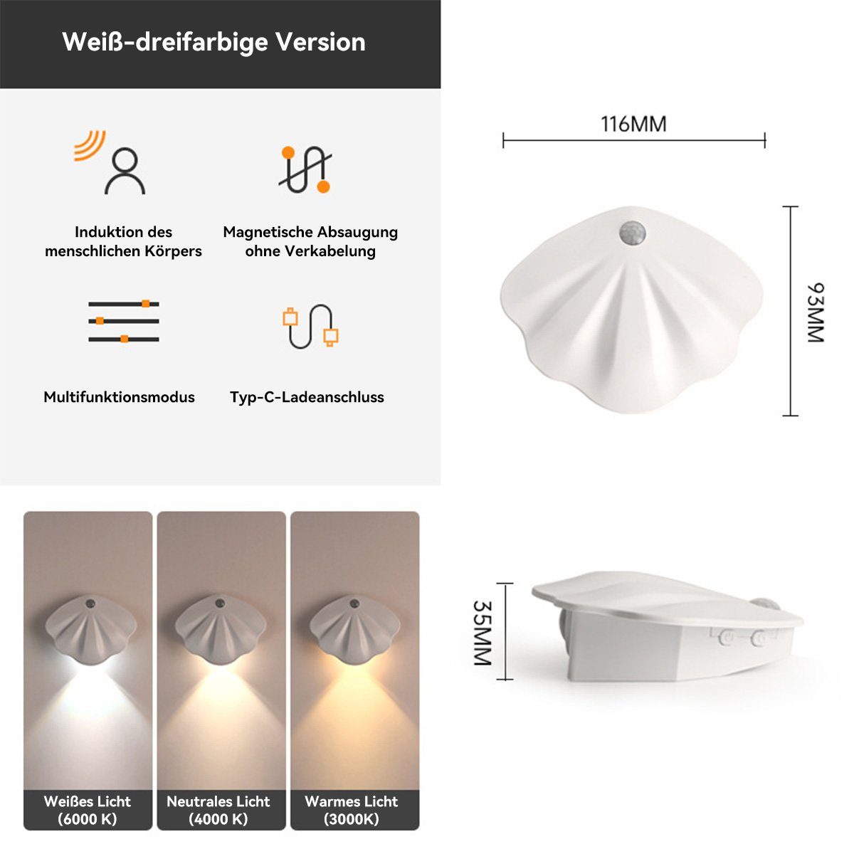 Mit Weiss 500mAh Wandlampe Welikera Induktion,Für Körper Hausschilder,0.5W, Wandleuchte Menschliche