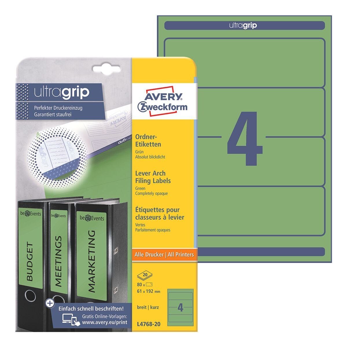 Avery Zweckform Etiketten L4768-20, 80 Stück, kurz/breit (61x192 mm), selbstklebend, blickdicht