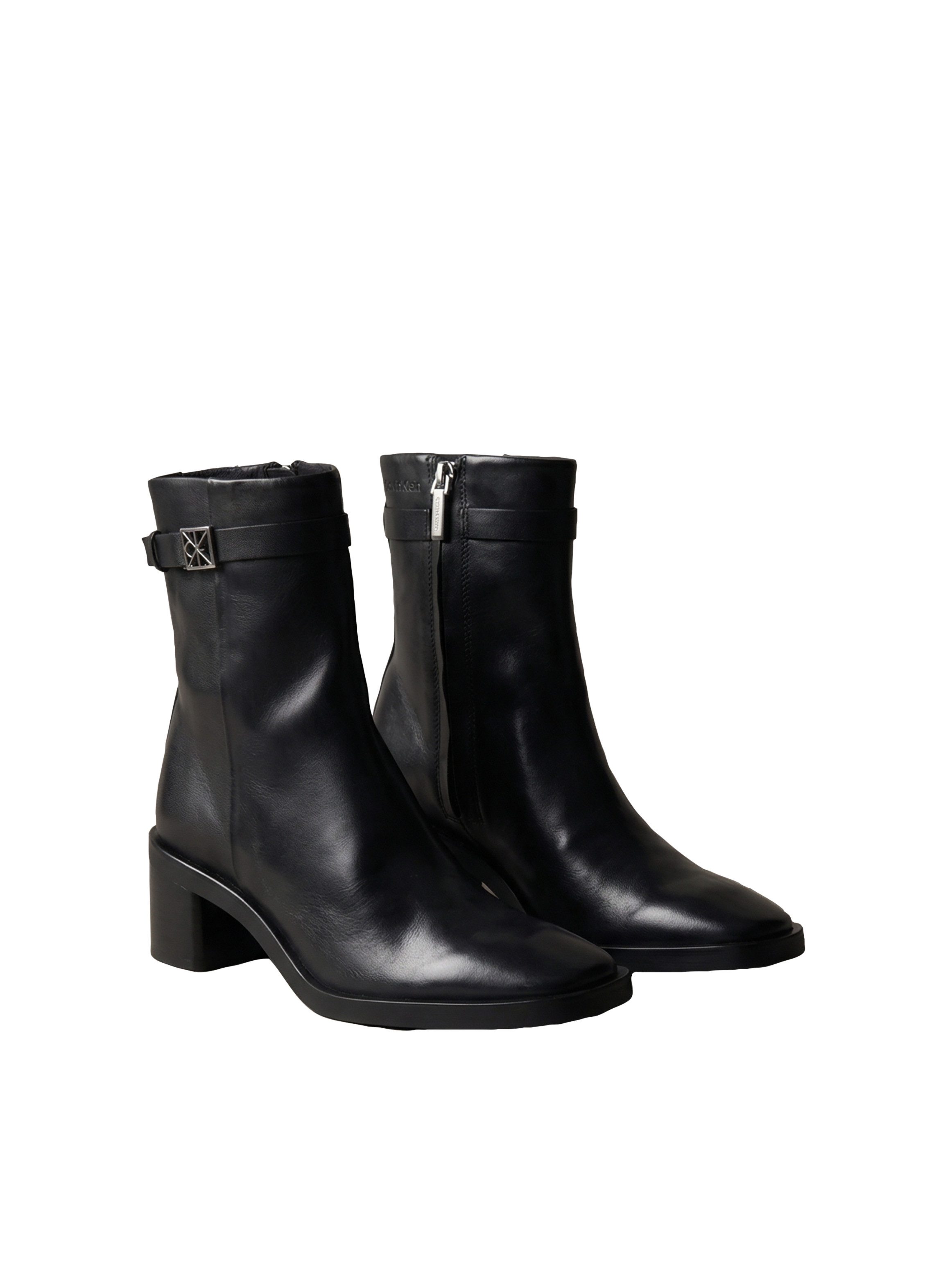 Calvin Klein BLOCK HEEL ANK BOOT LTH HDW Stiefelette Ankle Boots mit CK-Schnalle, eckige Schuhspitze und Reißverschluss