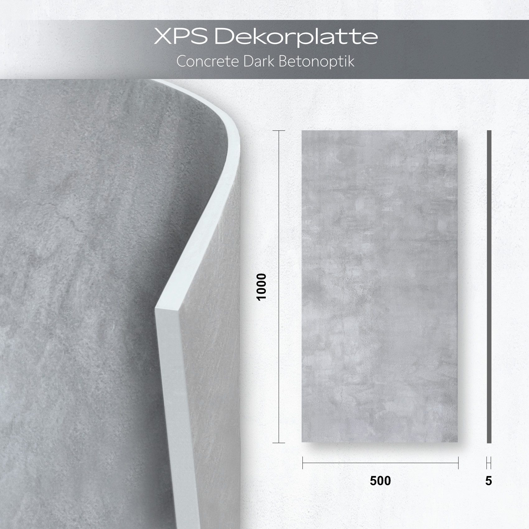 Hexim Wandpaneel, (80 Stück Wandpaneele Betonoptik 100x50cm - XPS Paneele 5mm stark dunkelgrau, Wandverkleidung Styroporplatten Deckenplatten, Concrete Dark - 40qm)