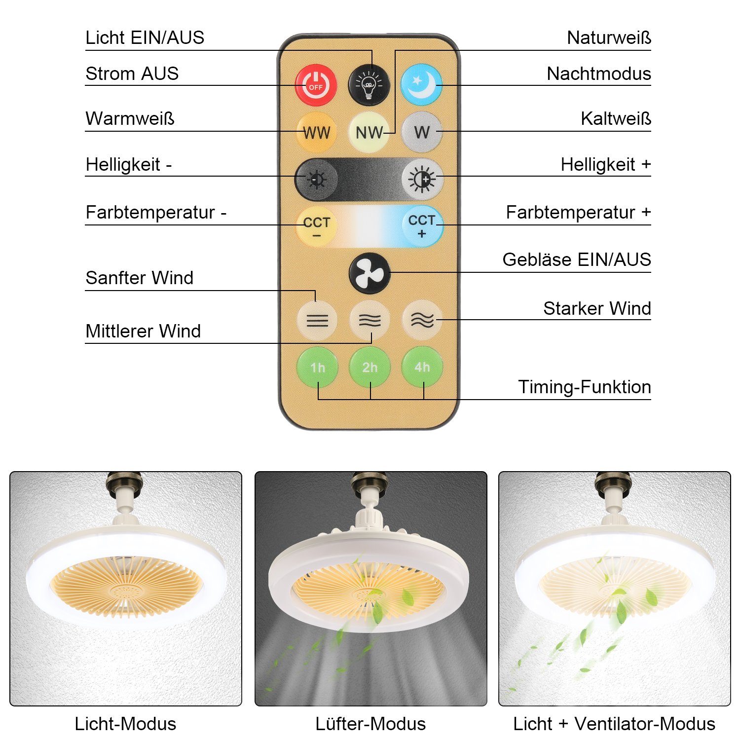 iscooter LED Deckenleuchte Deckenventilator mit integriert, Farbige Fernbedienung,Timer, 30w, Deckenlampe für tageslichtweiß, LED Beleuchtung Mit warmweiß, Dimmbare, 3 naturweiß, mit Schlafzimmer Wohnzimmer fest Ventilator