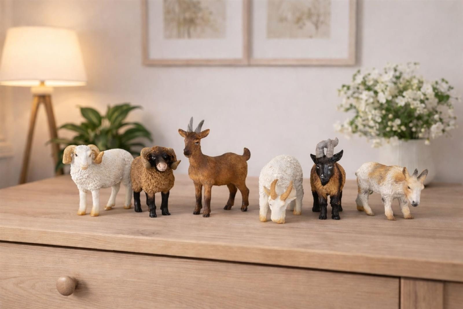 Geschenkestadl Tierfigur Ziegen Figuren 6er Set Mini Deko Bauernhof 2 Größen Landhaus (Spar-Set, Ziegen und Ziegenbock in weiss und braun), 6 unterschiedliche Ziegen