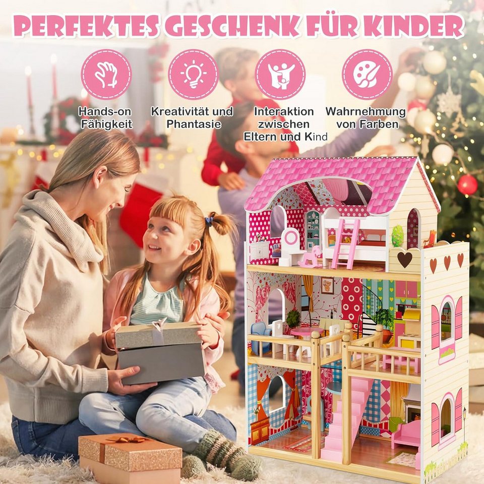 KOMFOTTEU Puppenhaus, multifunktionales Dollhaus mit 6 Zimmer